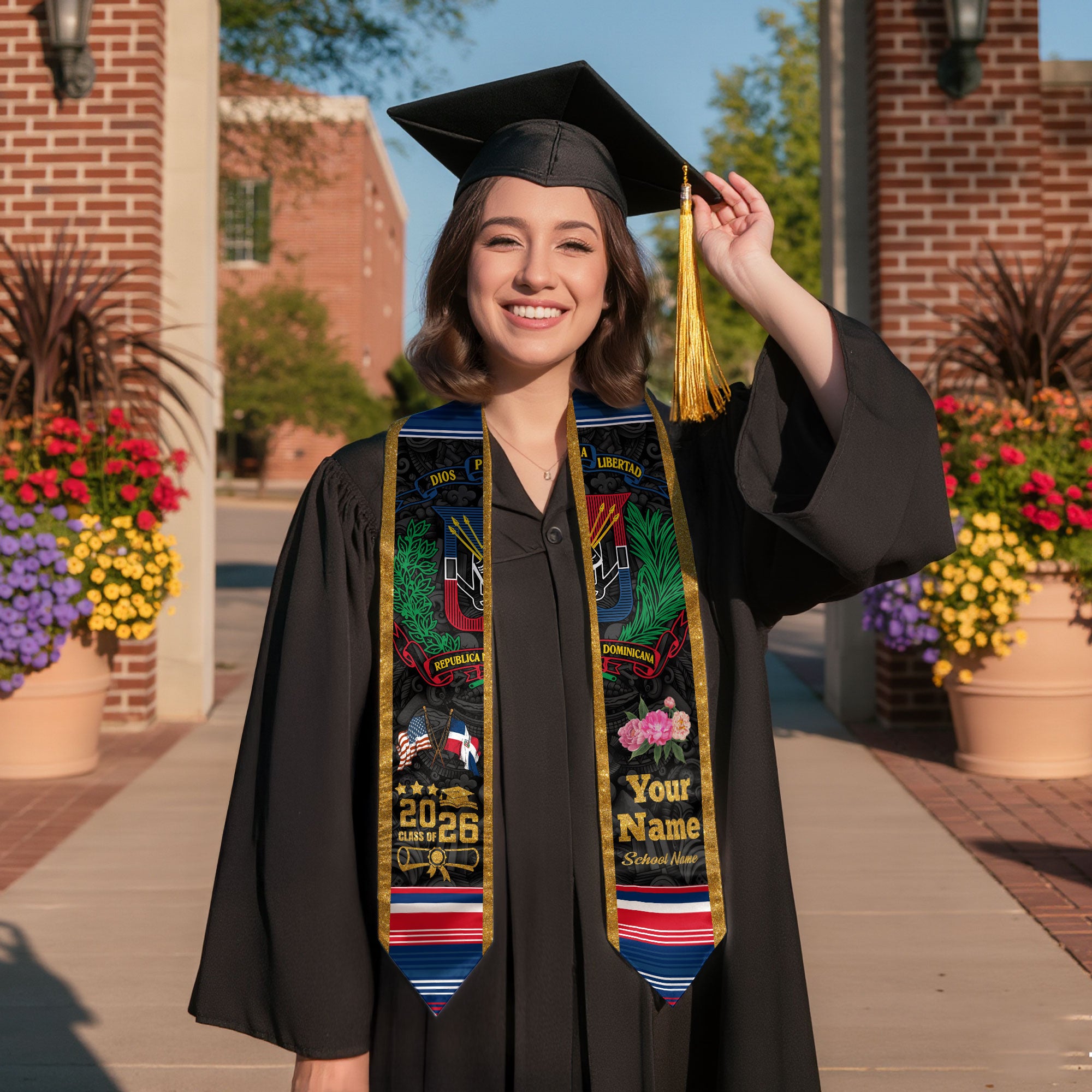 Custom Dominican American Graduation Stole, DR Floral Grad Sash, Class of 2026 Graduate Gift