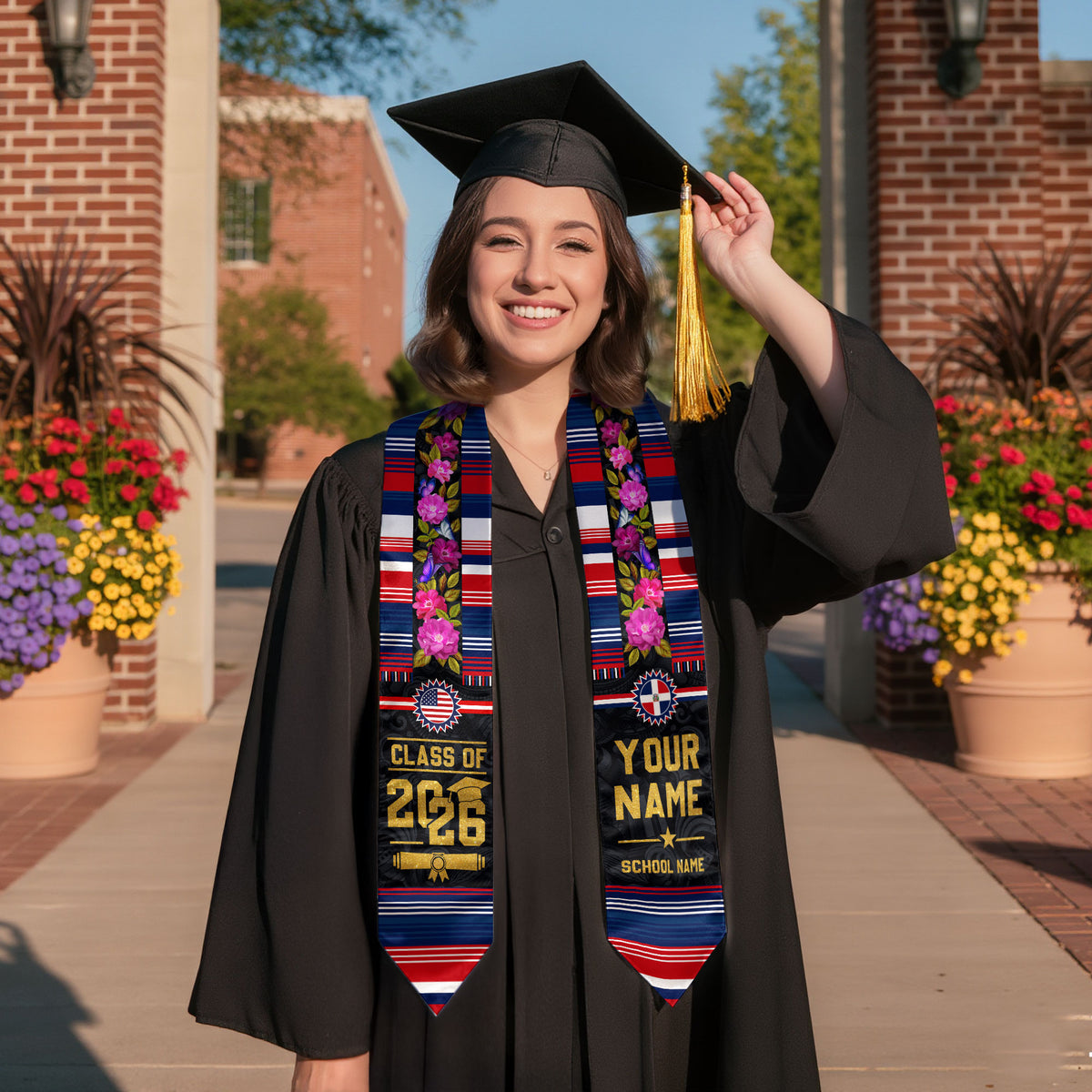 Dominican Flag Graduation Sash, Custom Floral Grad Stole , Class of 2026 Dominican Graduate