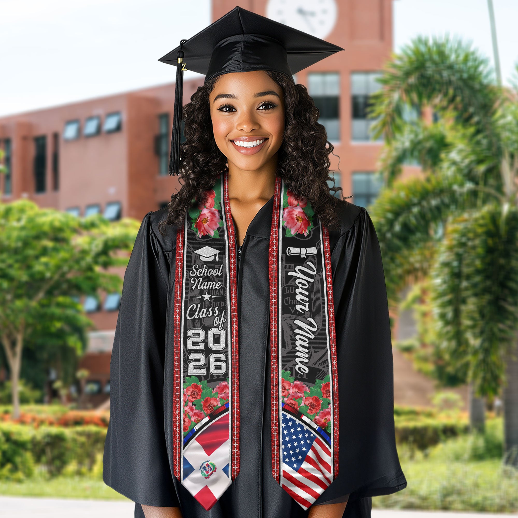 Personalized Dominican American Graduation Floral Stole Grad Sash, Class of 2026 Senior Gift