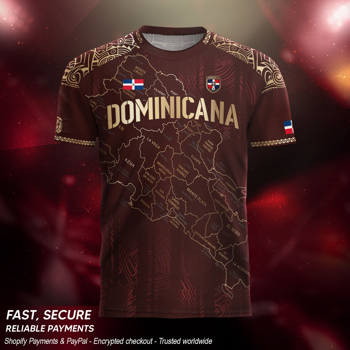 Dominican Cultural Heritage Soccer Jersey Maroon Gold, National Pride Football Collection