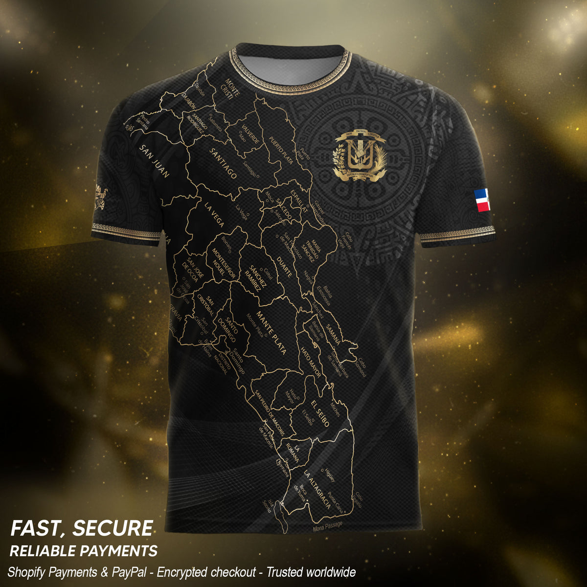 Dominican National Pride Soccer Jersey Black Gold, Cultural Heritage Apparel