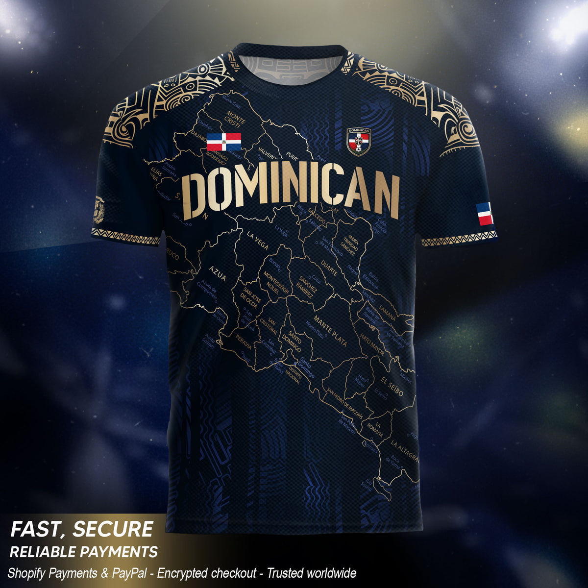 Dominican Republic Map Soccer Jersey Navy Gold, Taino Cultural Heritage Caribbean Pride Shirt