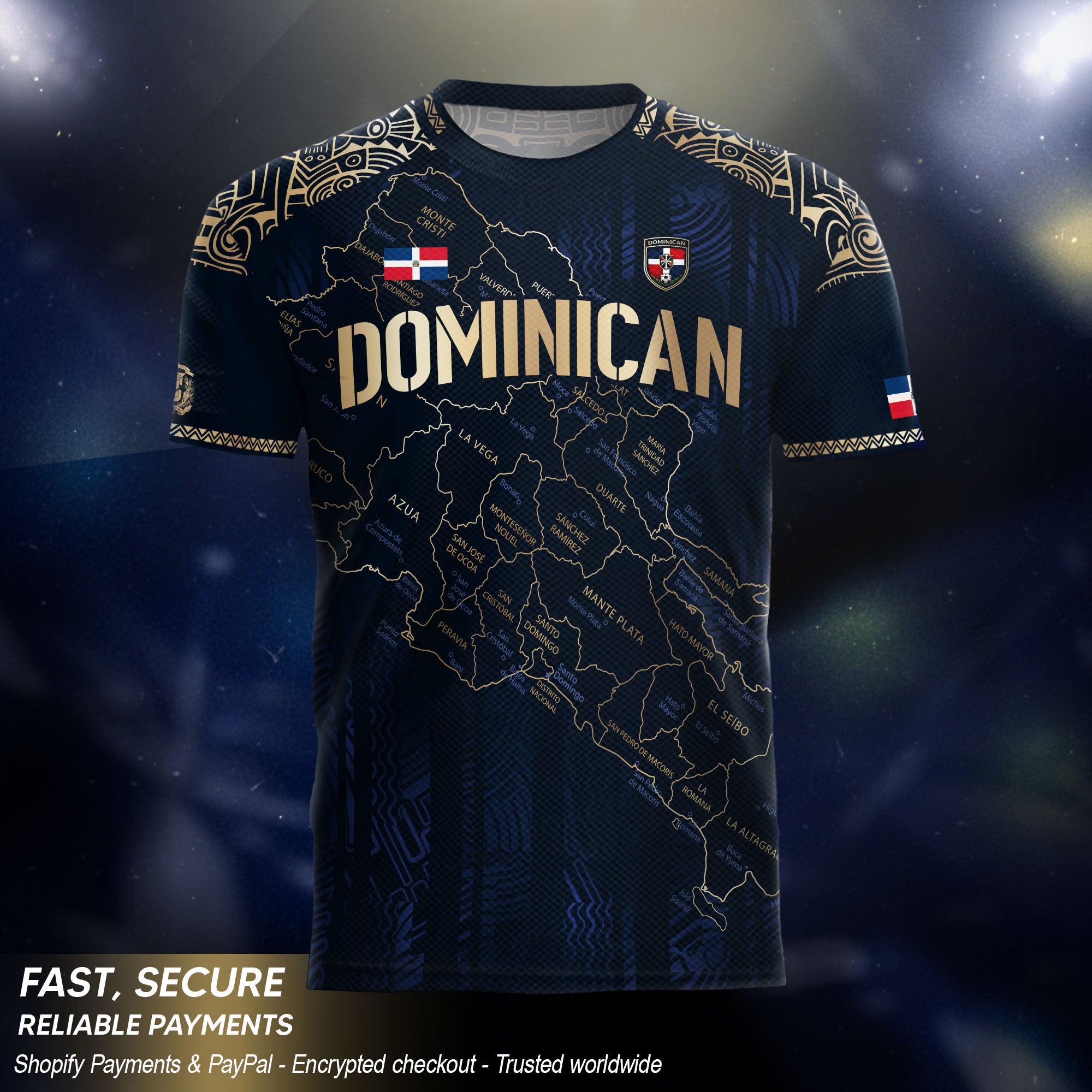 Dominican Republic Map Soccer Jersey Navy Gold, Taino Cultural Heritage Caribbean Pride Shirt