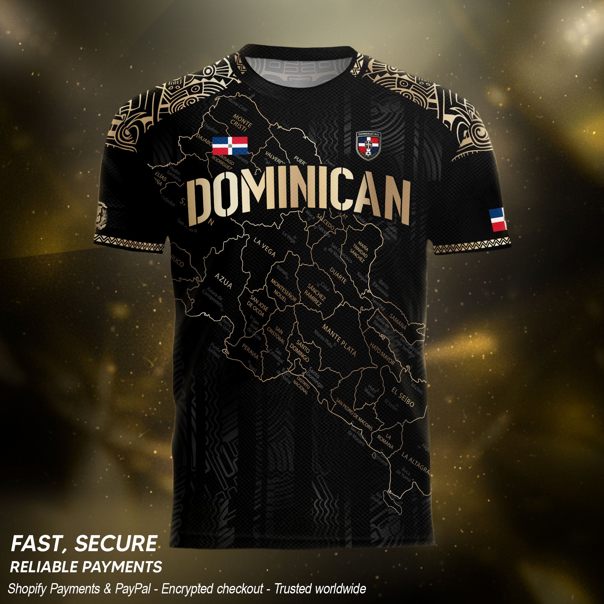 Dominican Heritage Soccer Jersey with Island Map Black Gold, Taino Inspired National Pride Shirt