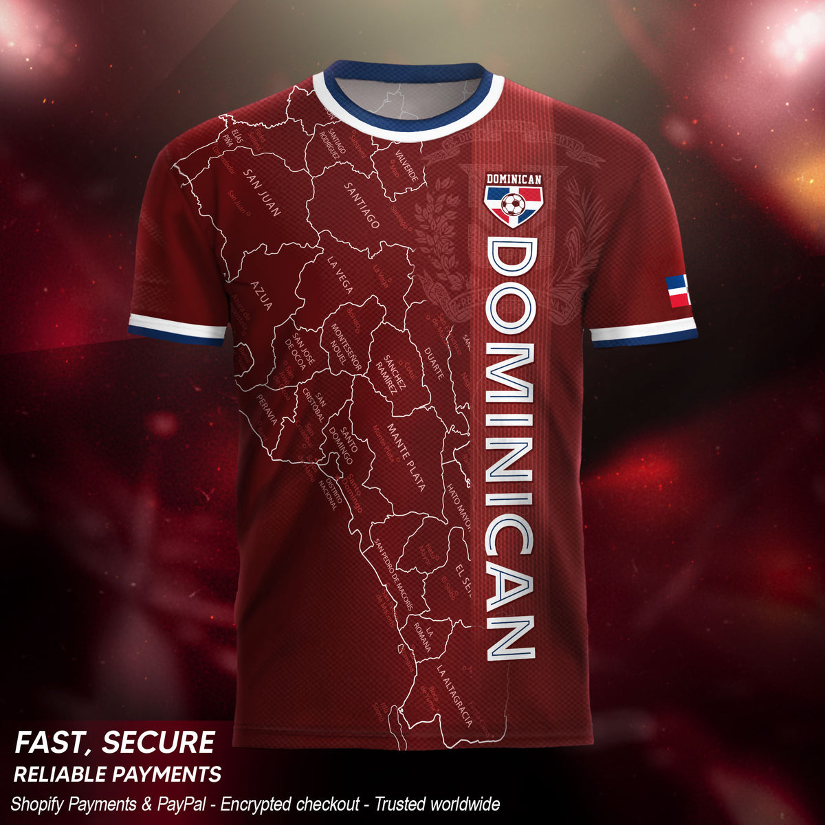 Dominican Republic Soccer Jersey Maroon White Blue, Taino Map Design Caribbean Cultural Shirt