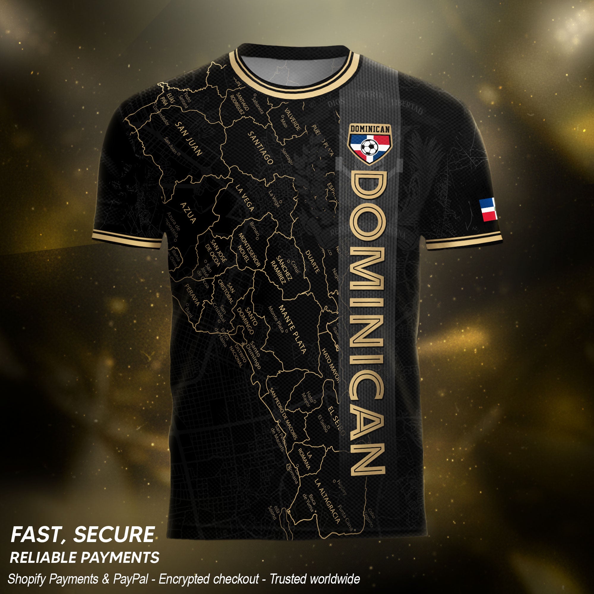 Dominican National Pride Soccer Jersey Black Gold, Taino Heritage Map Design Shirt