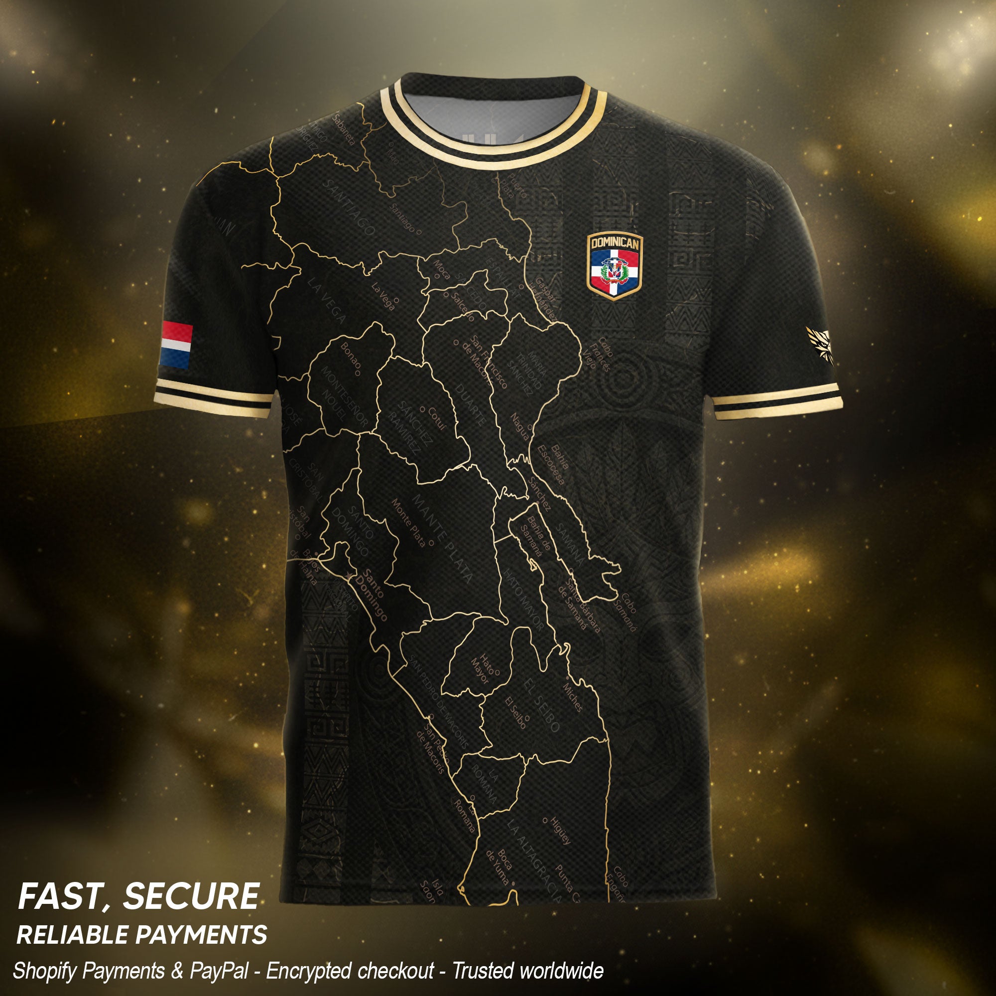 Dominican National Identity Soccer Jersey Black Gold, Heritage Pride Apparel