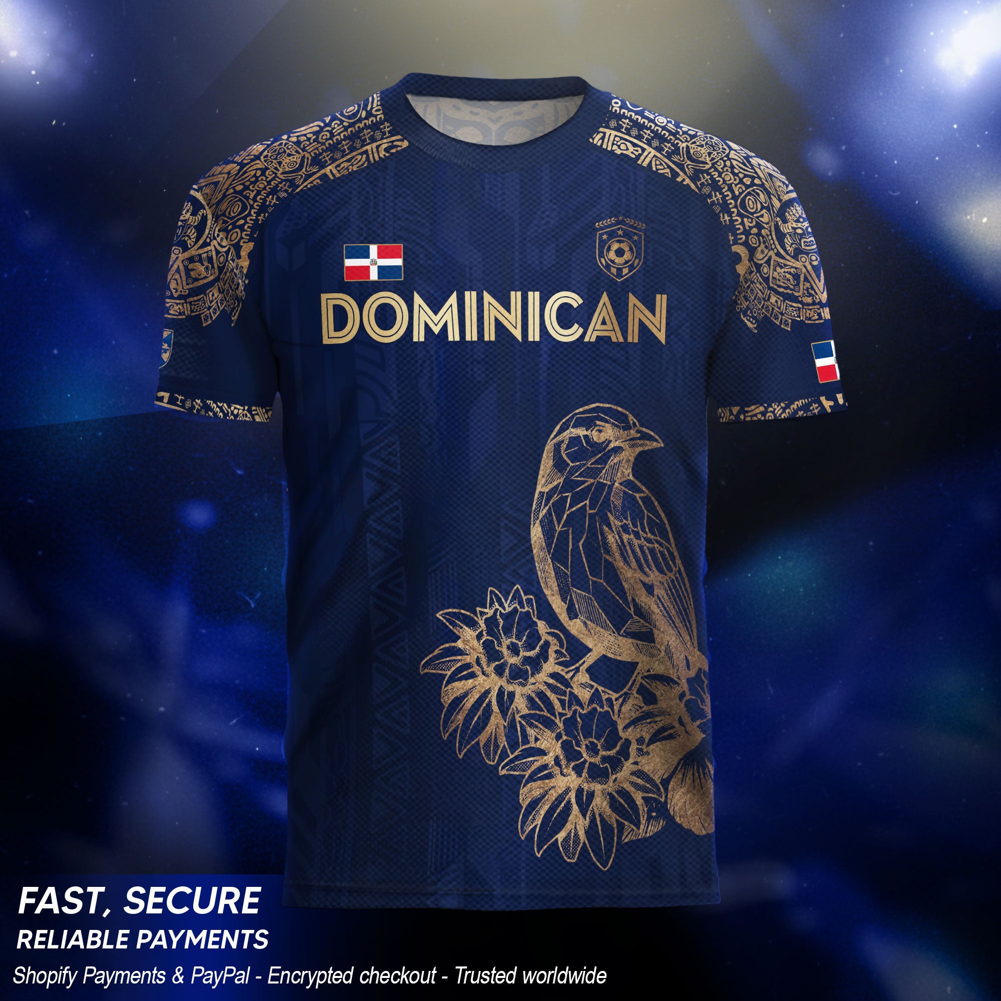 Dominican Republic Heritage Navy Gold Athletic Bird Flower Soccer Jersey