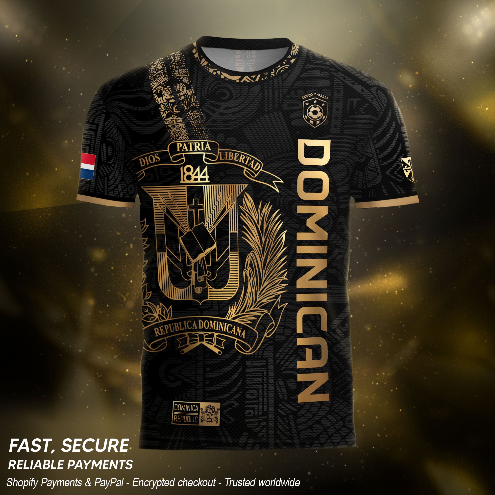 Dominican Republic Black Gold Taino Tribal Pattern National Pride Vintage Soccer Jersey