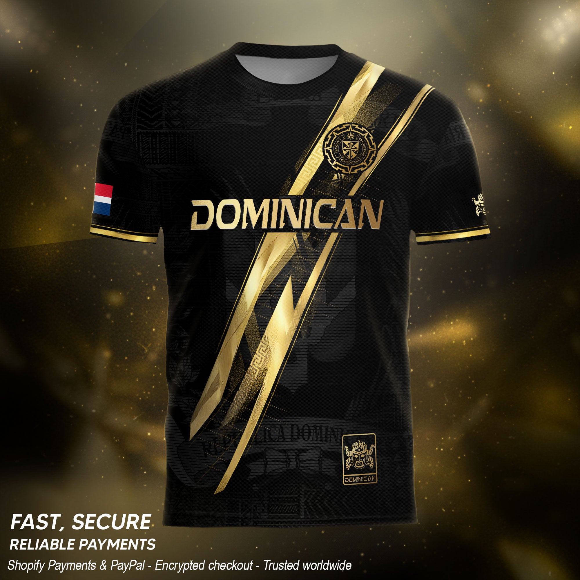 Dominican Republic Black Gold Premium Geometric Pattern Cultural Pride Soccer Jersey