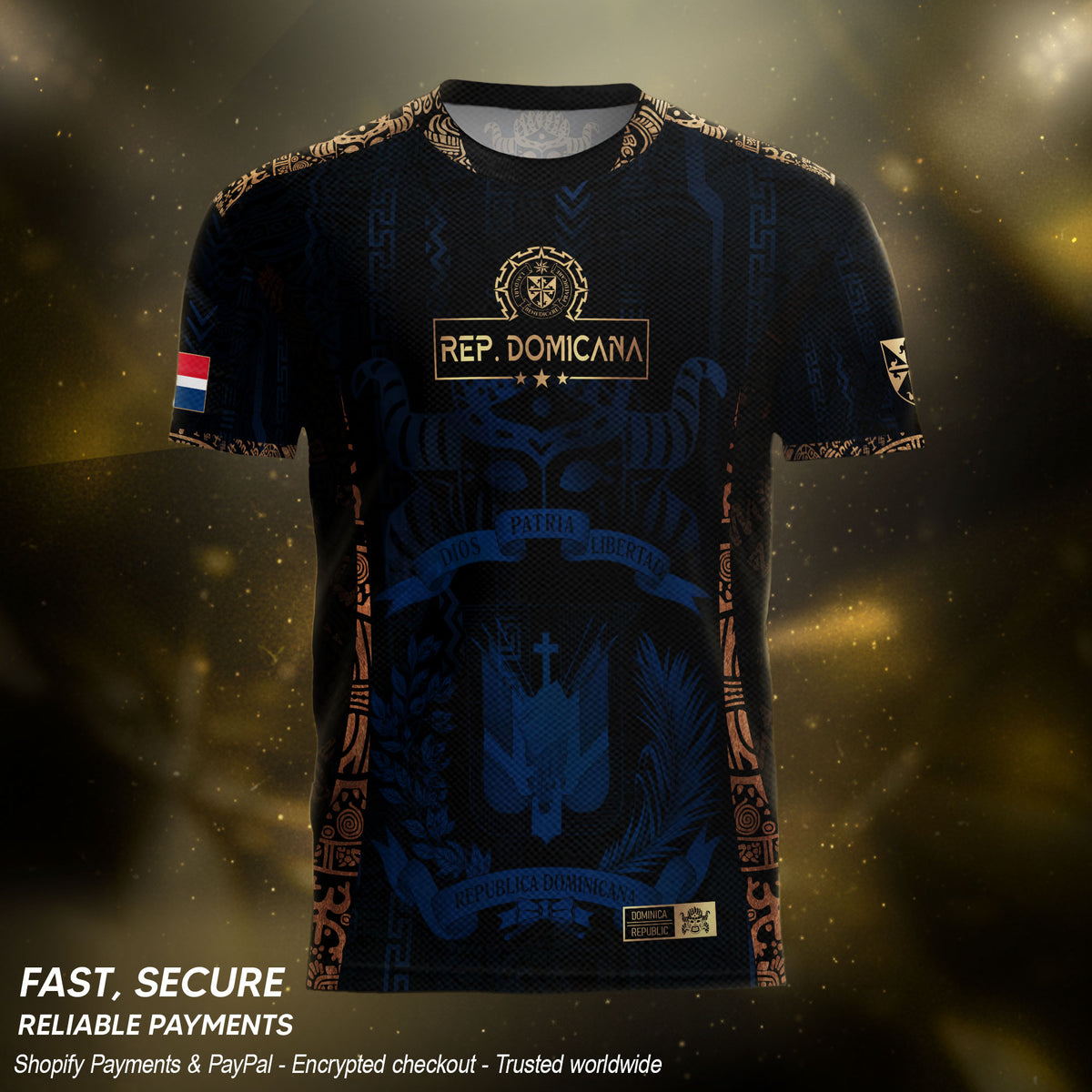 Dominican Republic Heritage Dark Navy Gold Athletic Carnival Mask Soccer Jersey