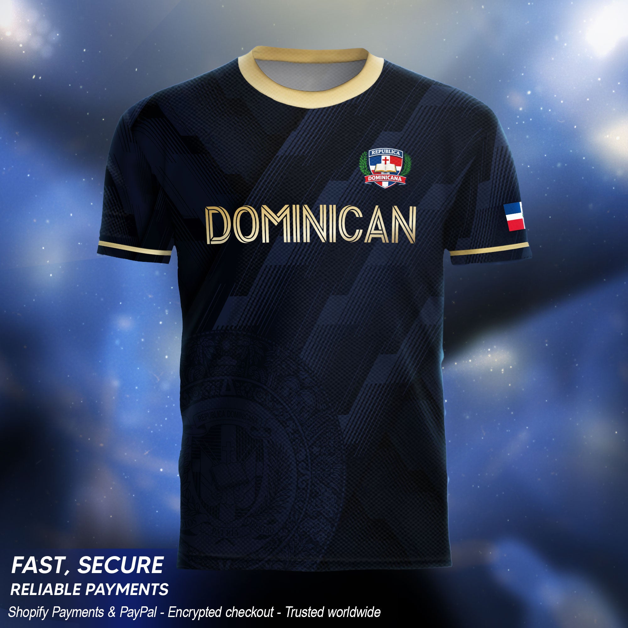 Dominican Republic National Heritage Soccer Jersey Navy Gold, Cultural Pride Emblem Design