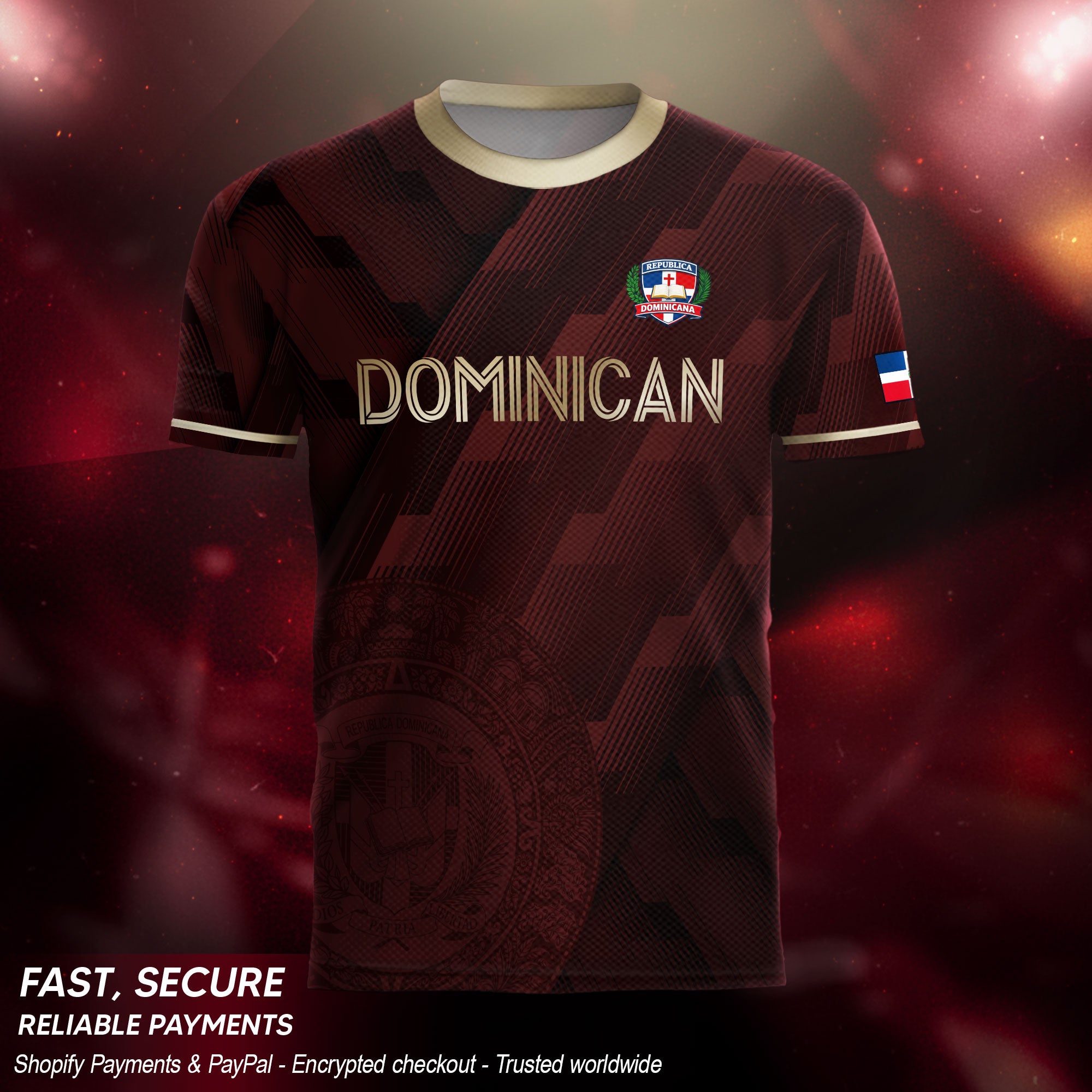 Dominican Heritage Soccer Jersey Maroon Gold, National Emblem Cultural Identity Shirt