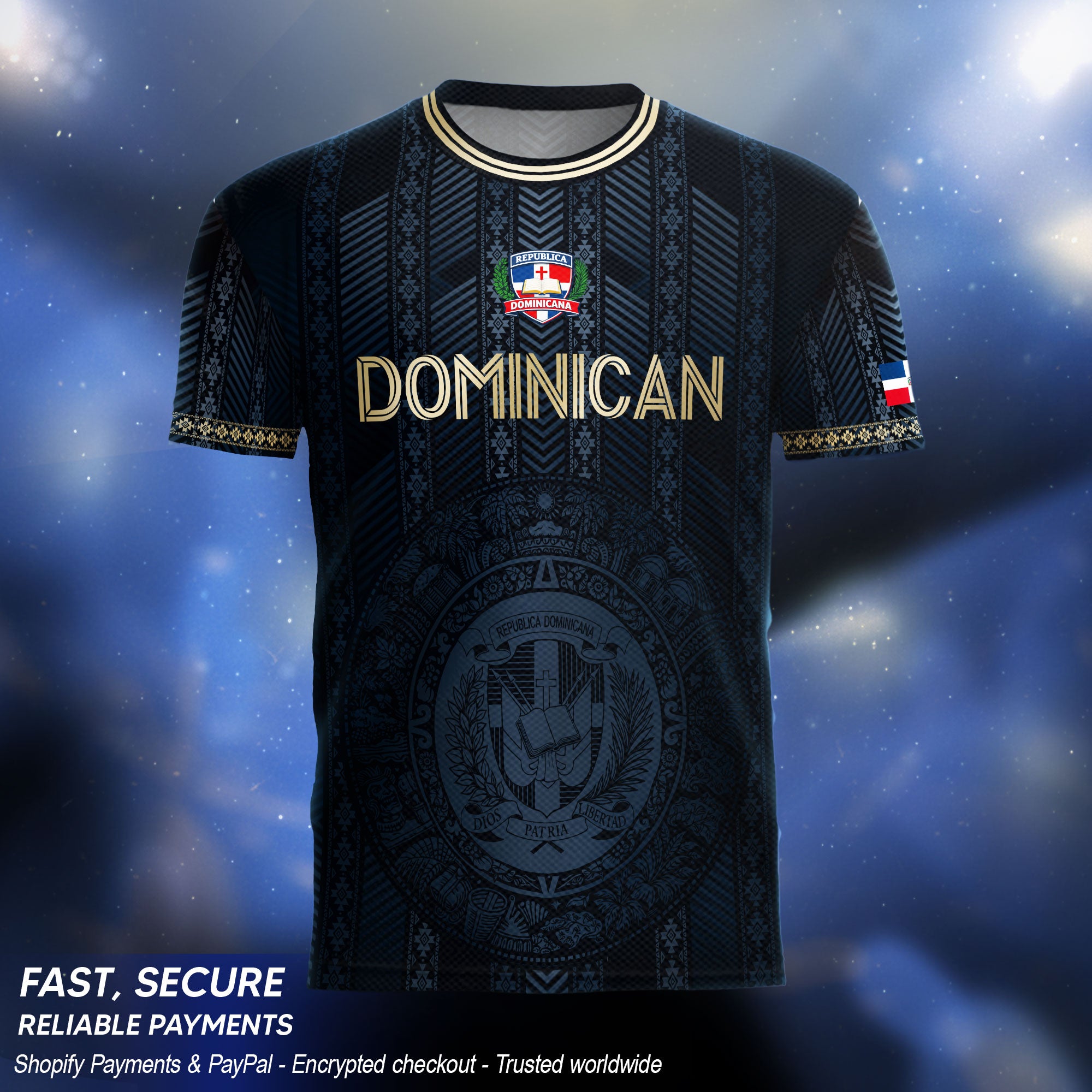 Dominican National Pride Soccer Jersey Navy Gold, Heritage Inspired Cultural Design