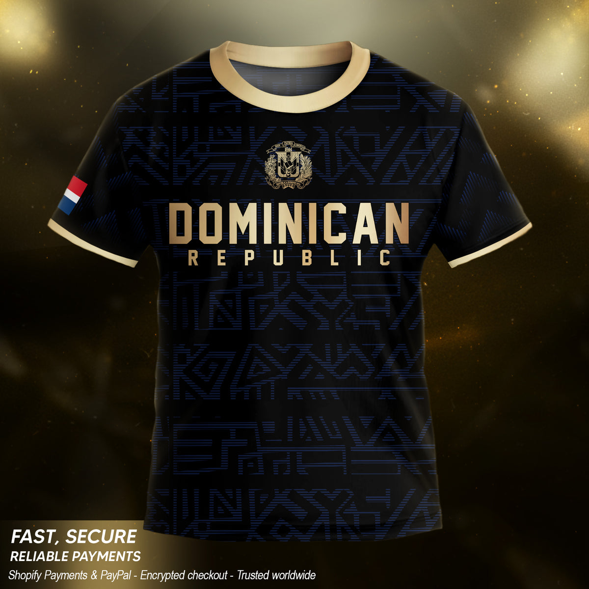 Dominican Republic Kids Youth Black Navy Gold Geometric National Soccer Jersey