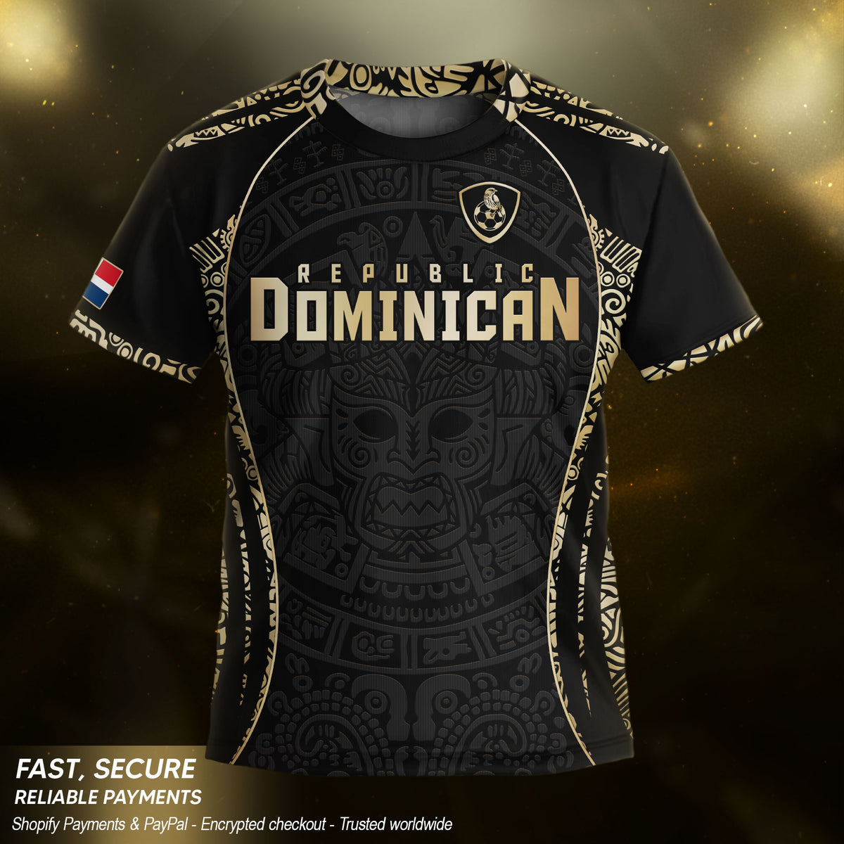 Dominican Republic Kids Youth Heritage Black Gold Taino Mask National Soccer Jersey