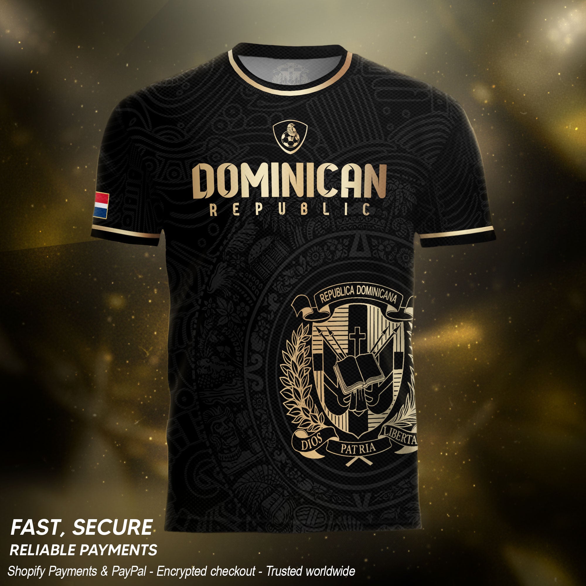 Dominican Republic Black Gold Flag Emblem Graphic National Heritage Soccer Jersey