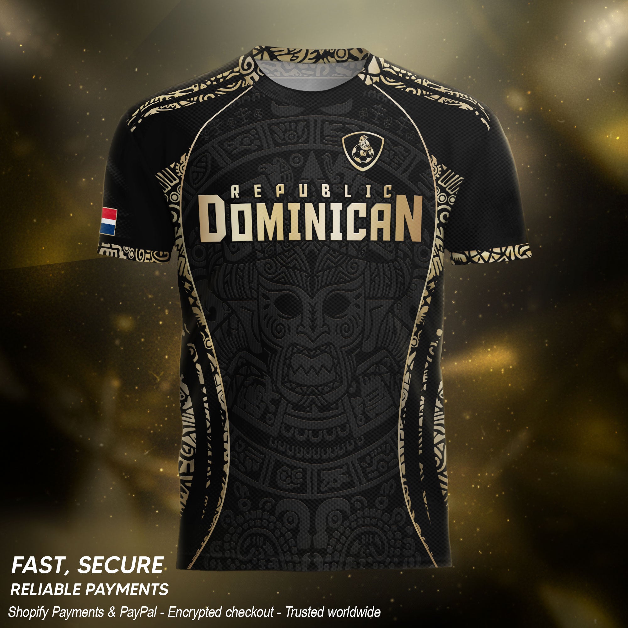 Dominican Cultural Heritage Soccer Jersey Black And Gold, National Pride Collection