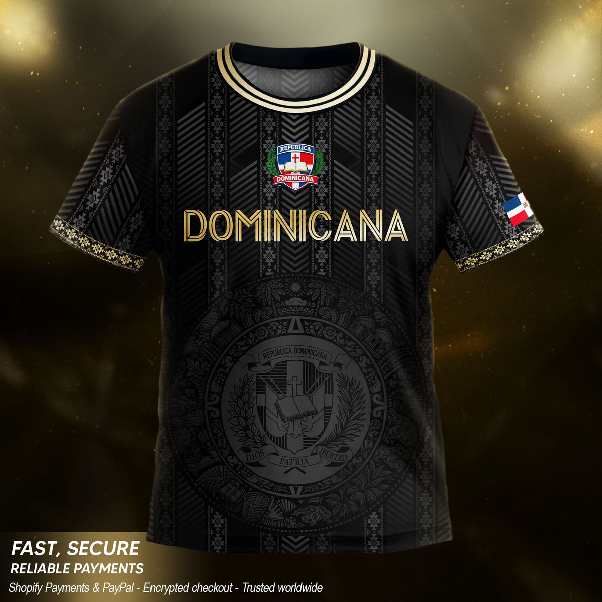 Dominican Republic Kids Youth Heritage Black Gold Vintage Vertical Pattern Soccer Jersey