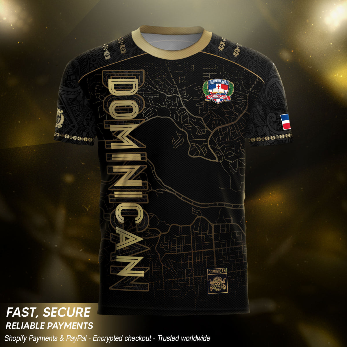 Dominican National Pride Soccer Jersey Black Gold, Heritage Inspired Apparel
