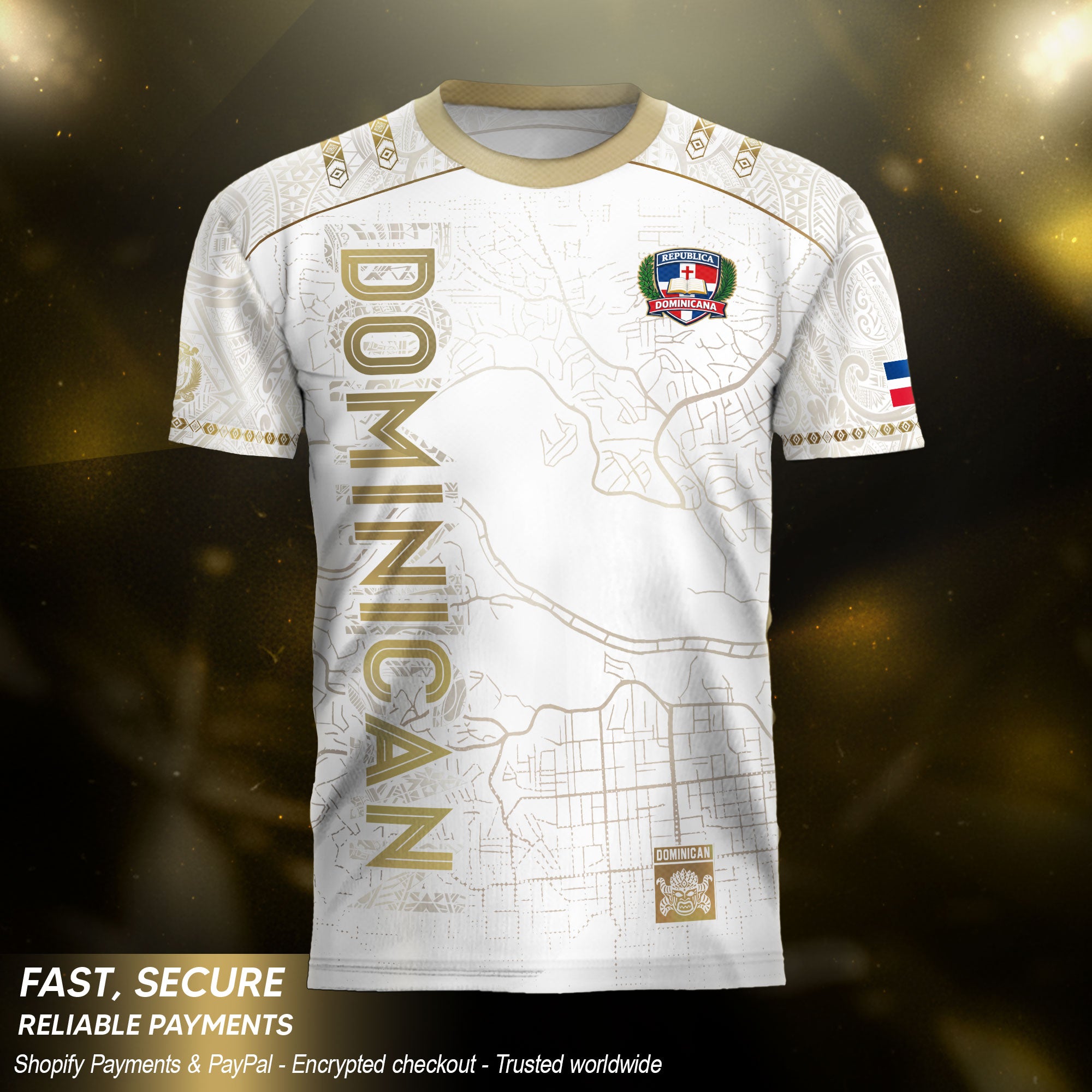 Dominican Cultural Identity Soccer Jersey White Gold, National Heritage Edition