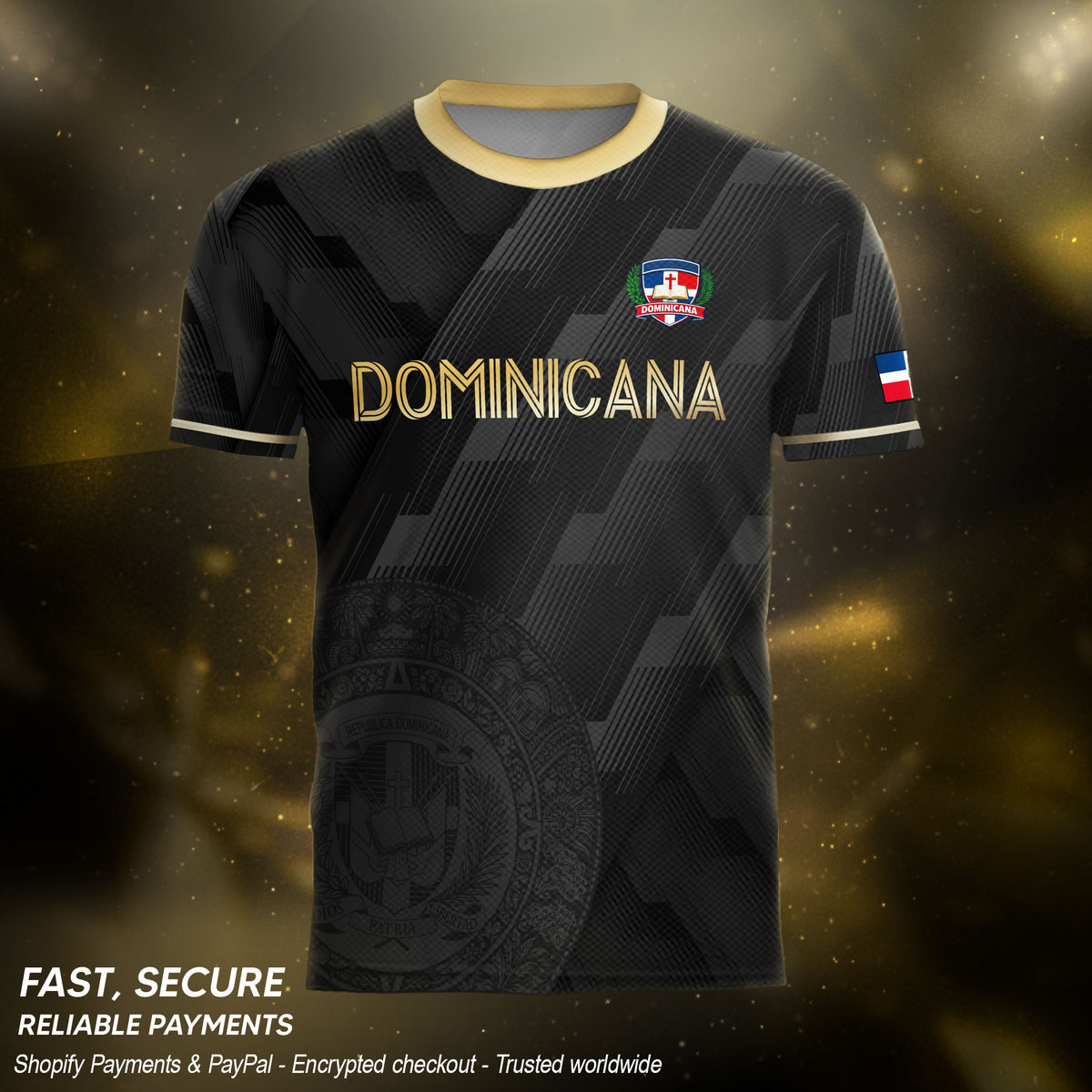 Dominican Cultural Heritage Soccer Jersey Black Gold, National Pride Collection