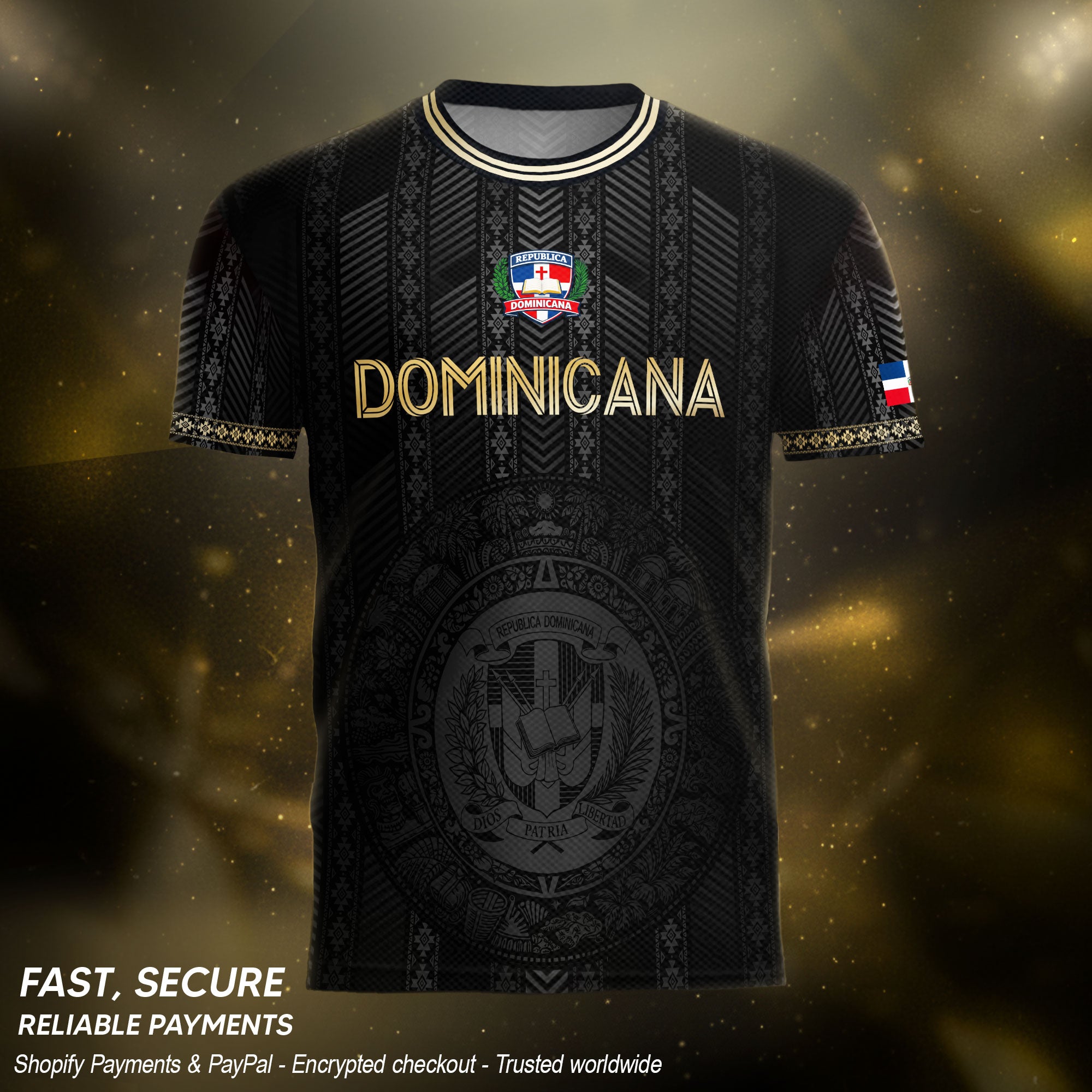 Dominican Heritage Football Jersey Black Gold, Cultural Identity & National Pride Shirt