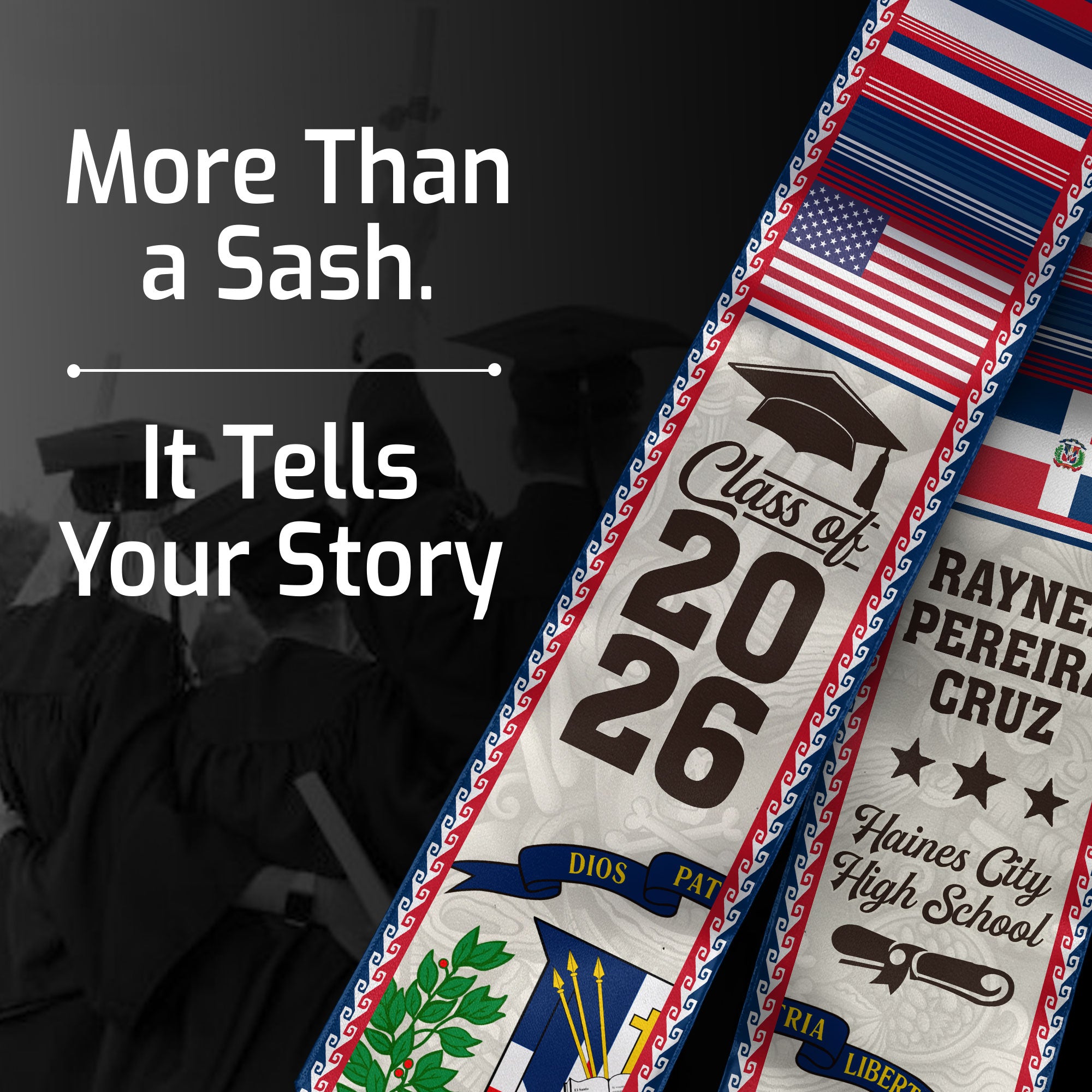Dominicans Graduation Stole Class of 2026 Custom Sash USA Dominican Flag Coat of Arms