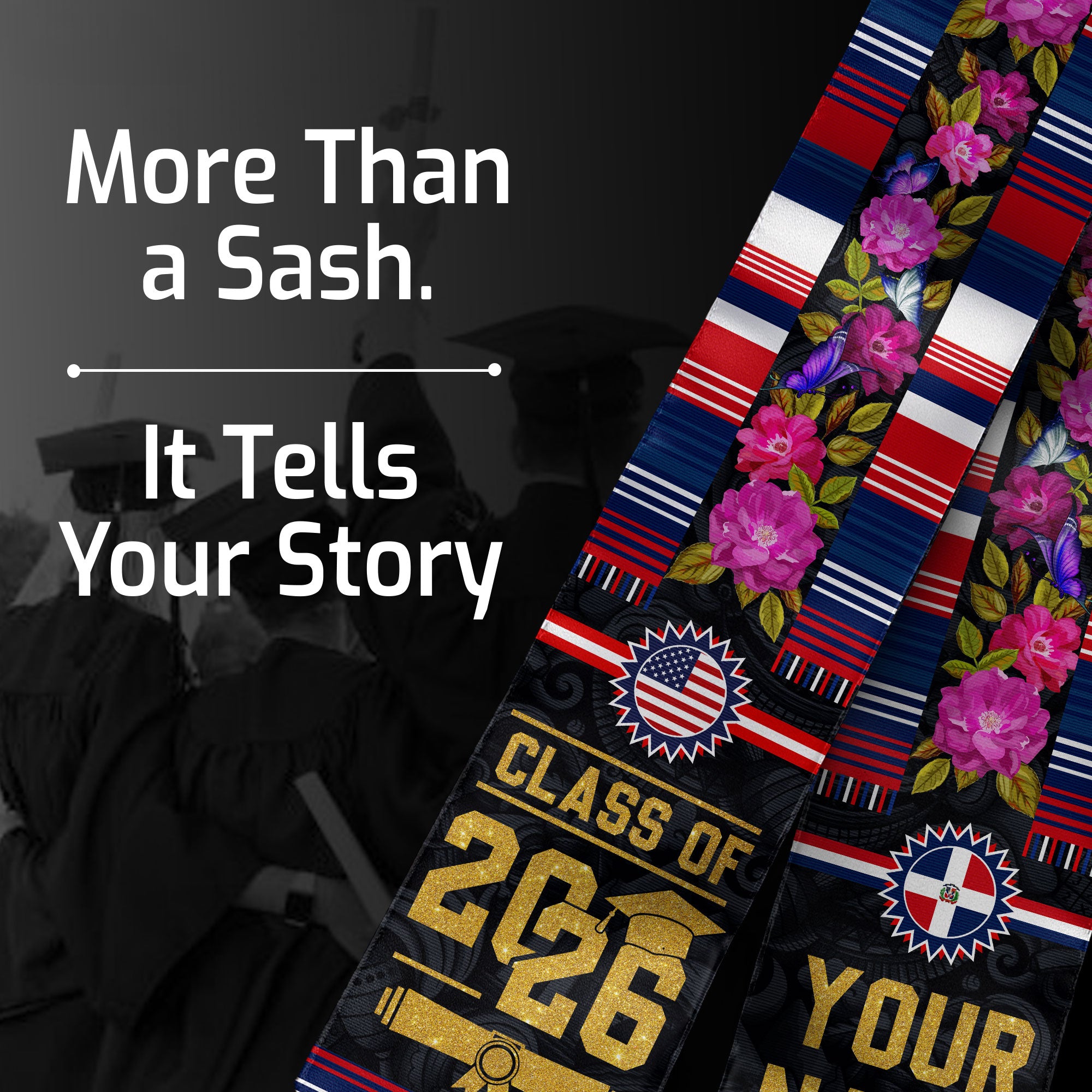 Dominican Flag Graduation Sash, Custom Floral Grad Stole , Class of 2026 Dominican Graduate