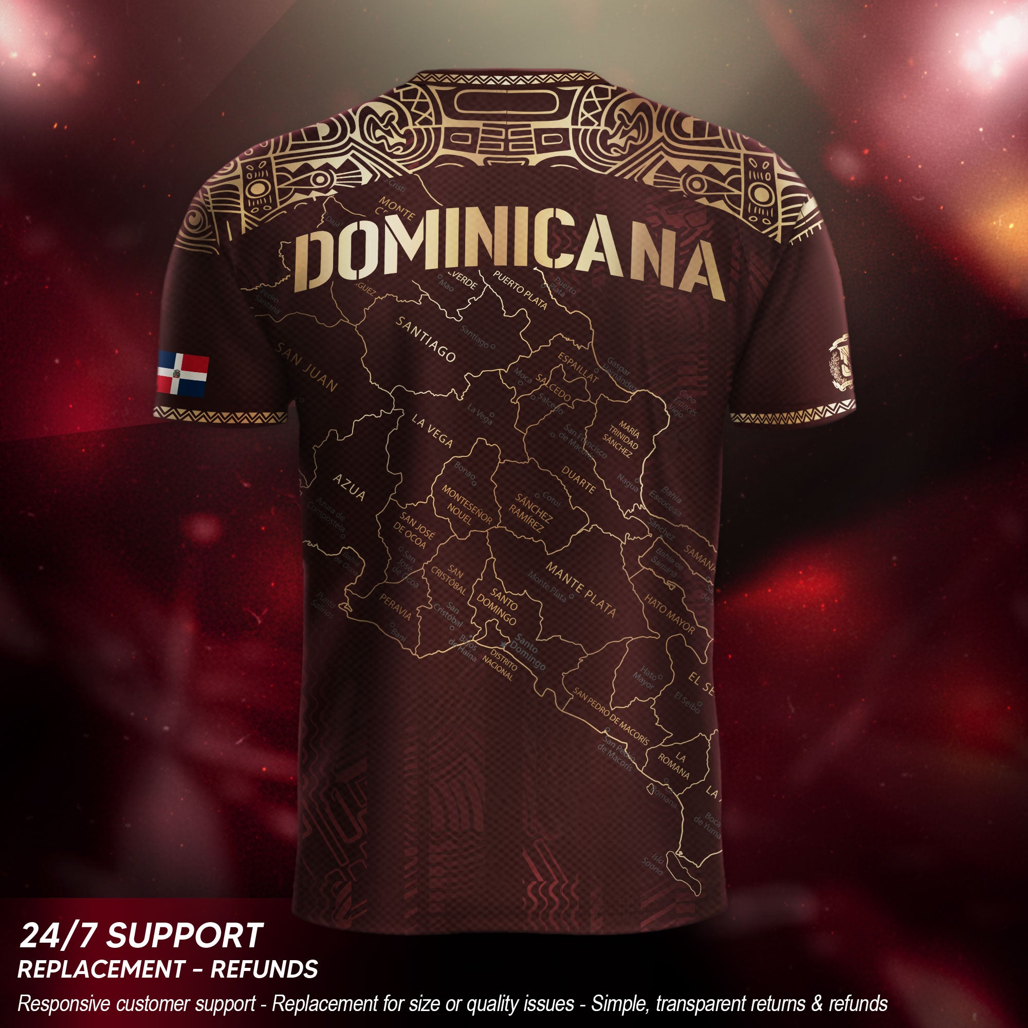 Dominican Cultural Heritage Soccer Jersey Maroon Gold, National Pride Football Collection