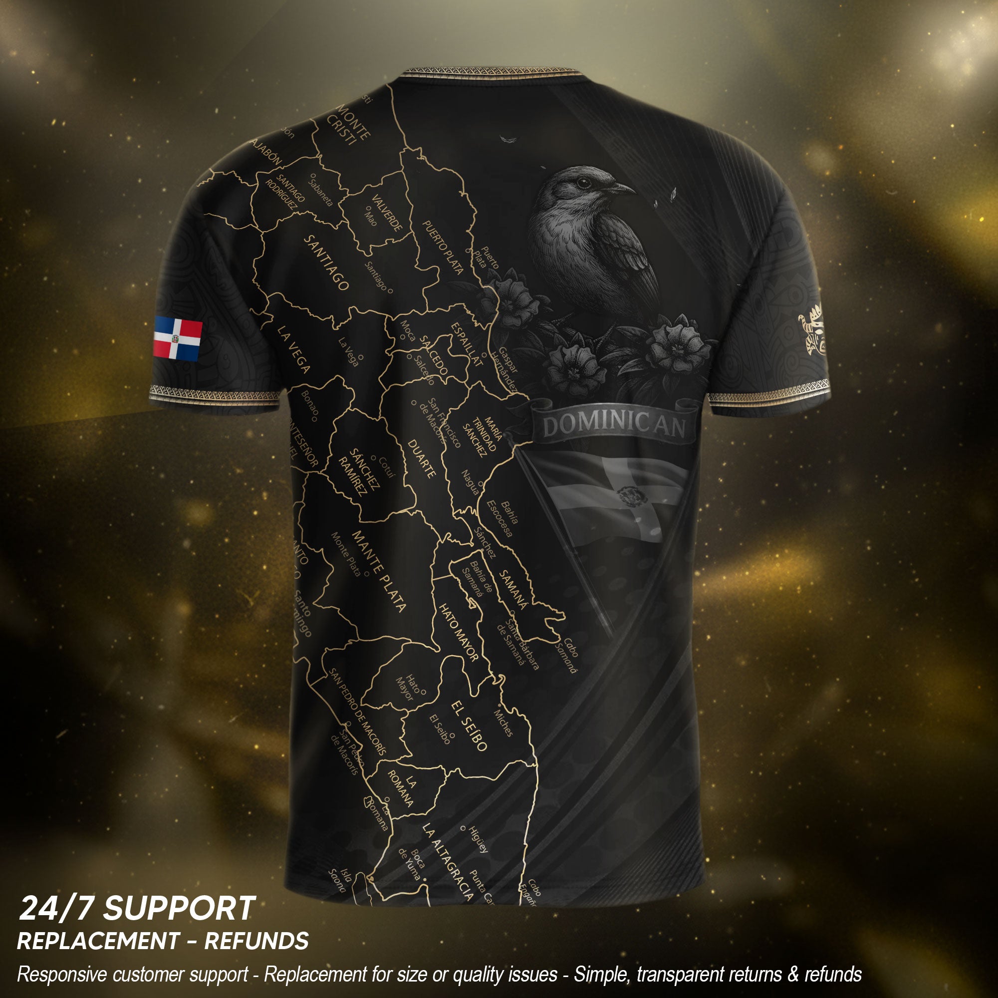 Dominican National Pride Soccer Jersey Black Gold, Cultural Heritage Apparel