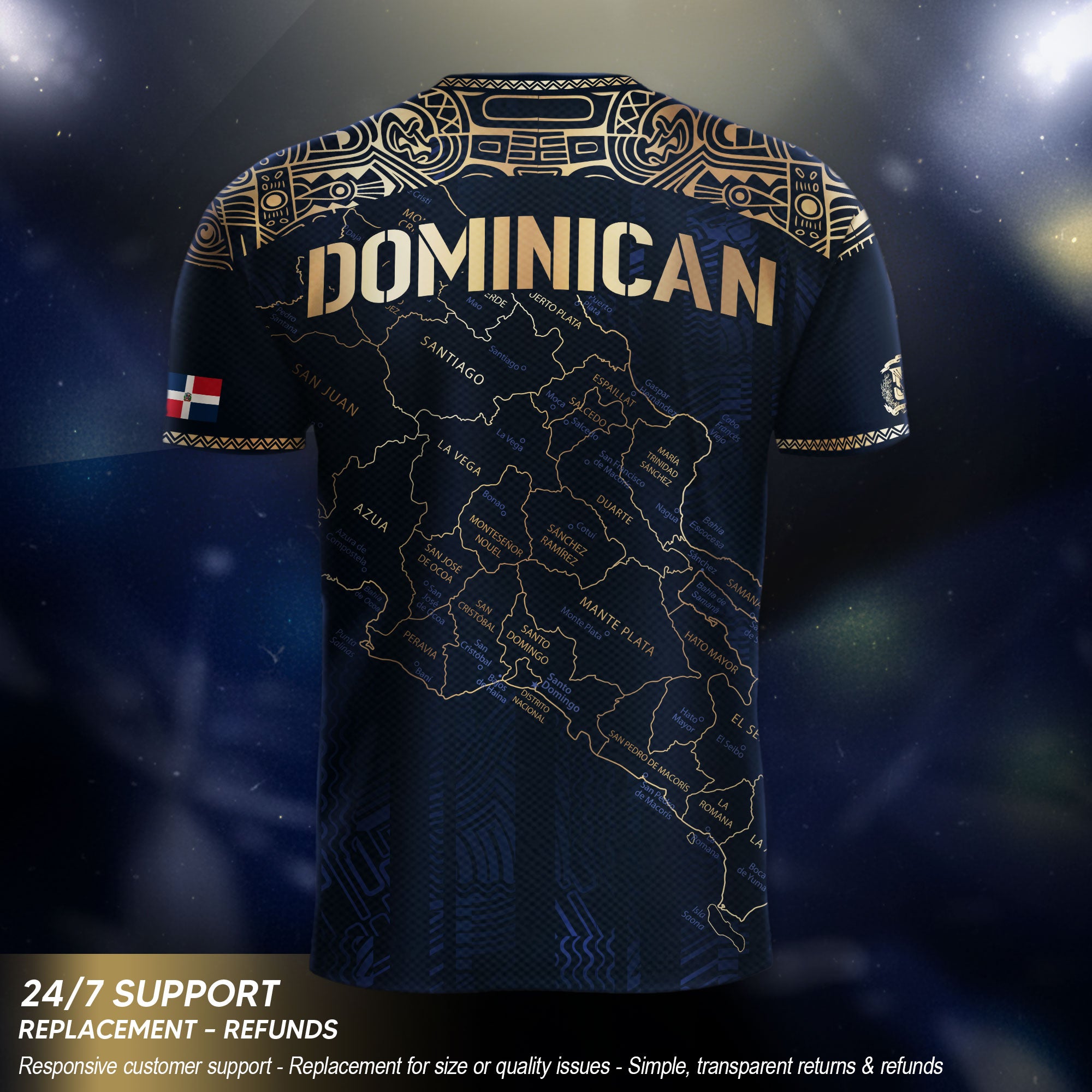 Dominican Republic Map Soccer Jersey Navy Gold, Taino Cultural Heritage Caribbean Pride Shirt