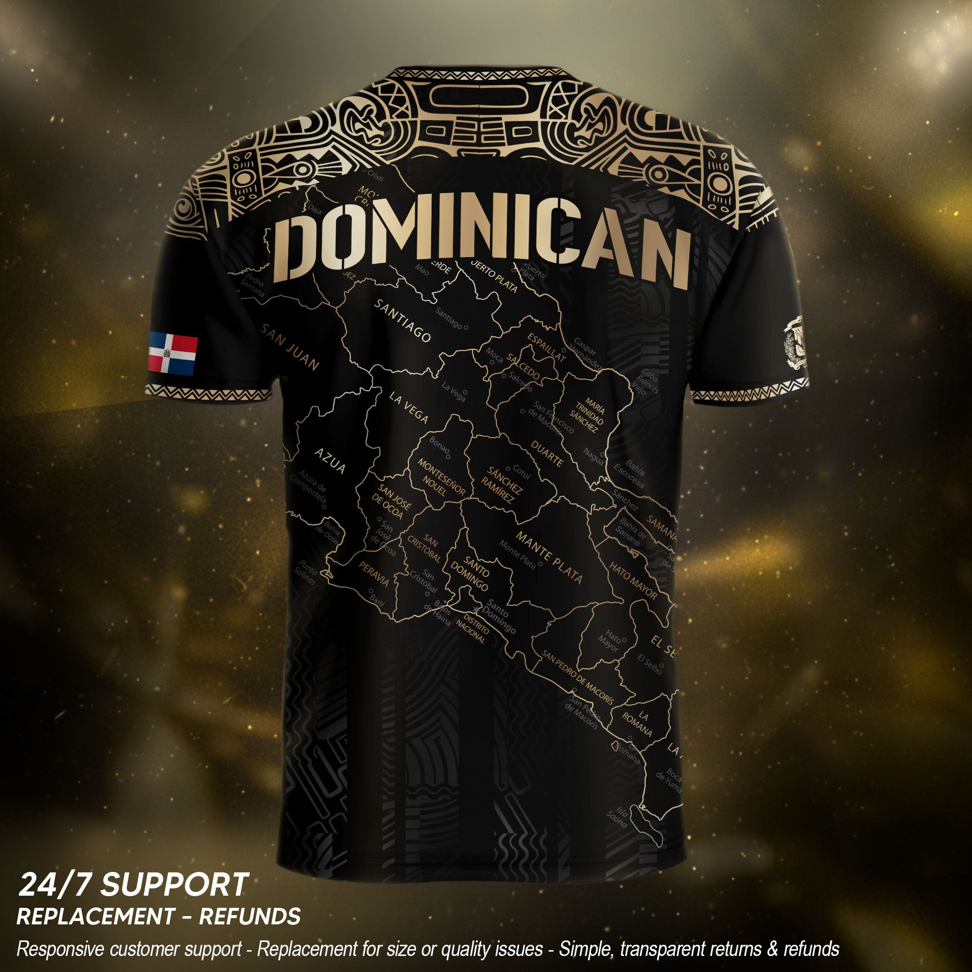 Dominican Heritage Soccer Jersey with Island Map Black Gold, Taino Inspired National Pride Shirt