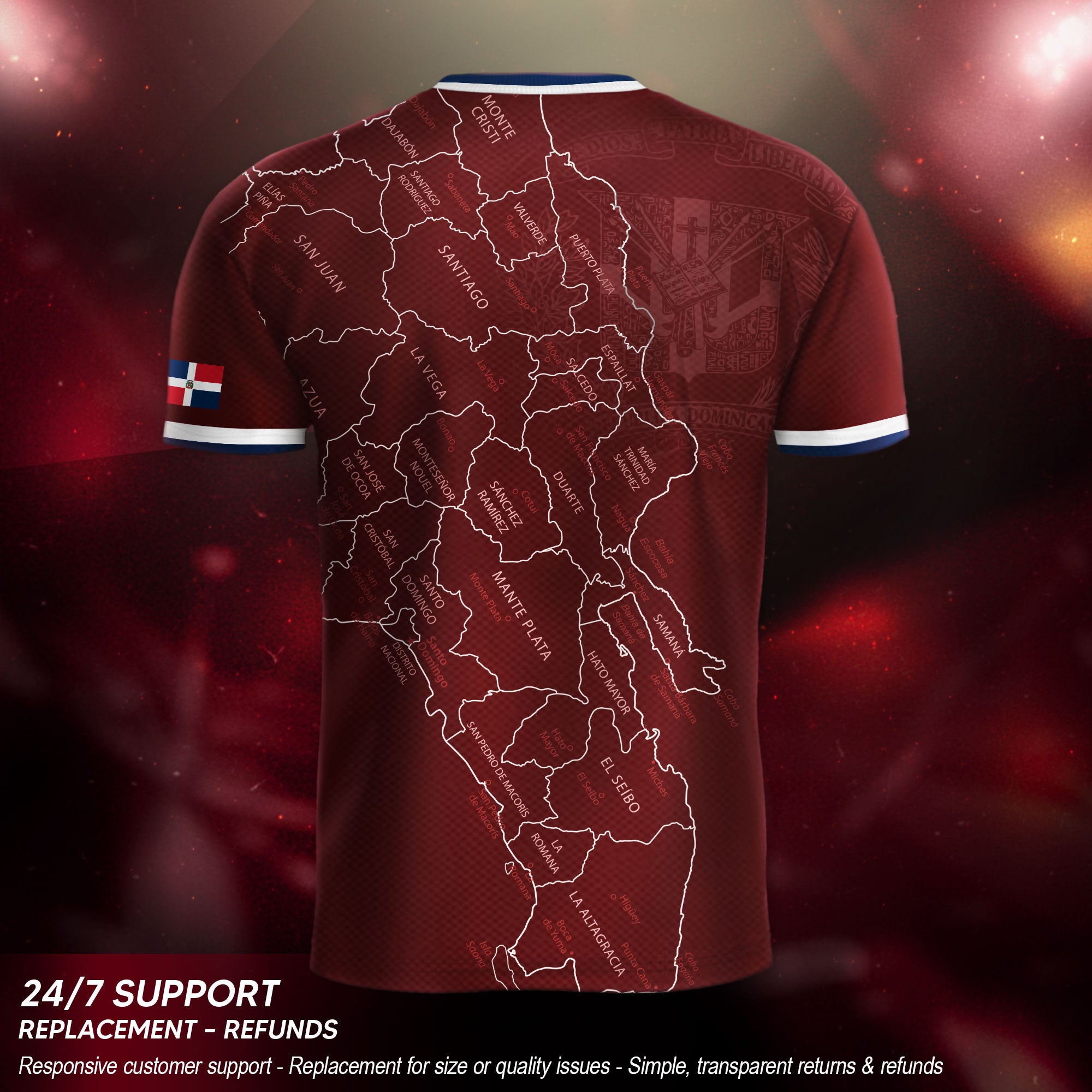 Dominican Republic Soccer Jersey Maroon White Blue, Taino Map Design Caribbean Cultural Shirt