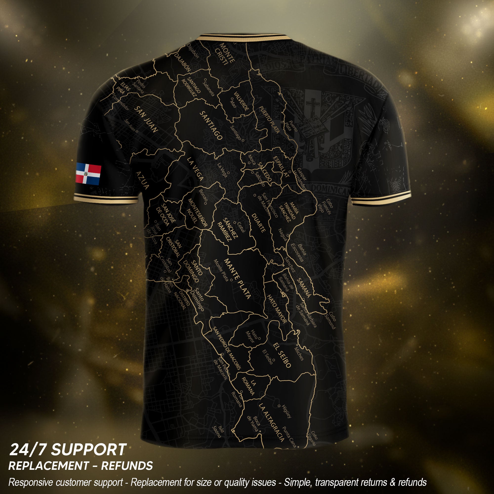 Dominican National Pride Soccer Jersey Black Gold, Taino Heritage Map Design Shirt