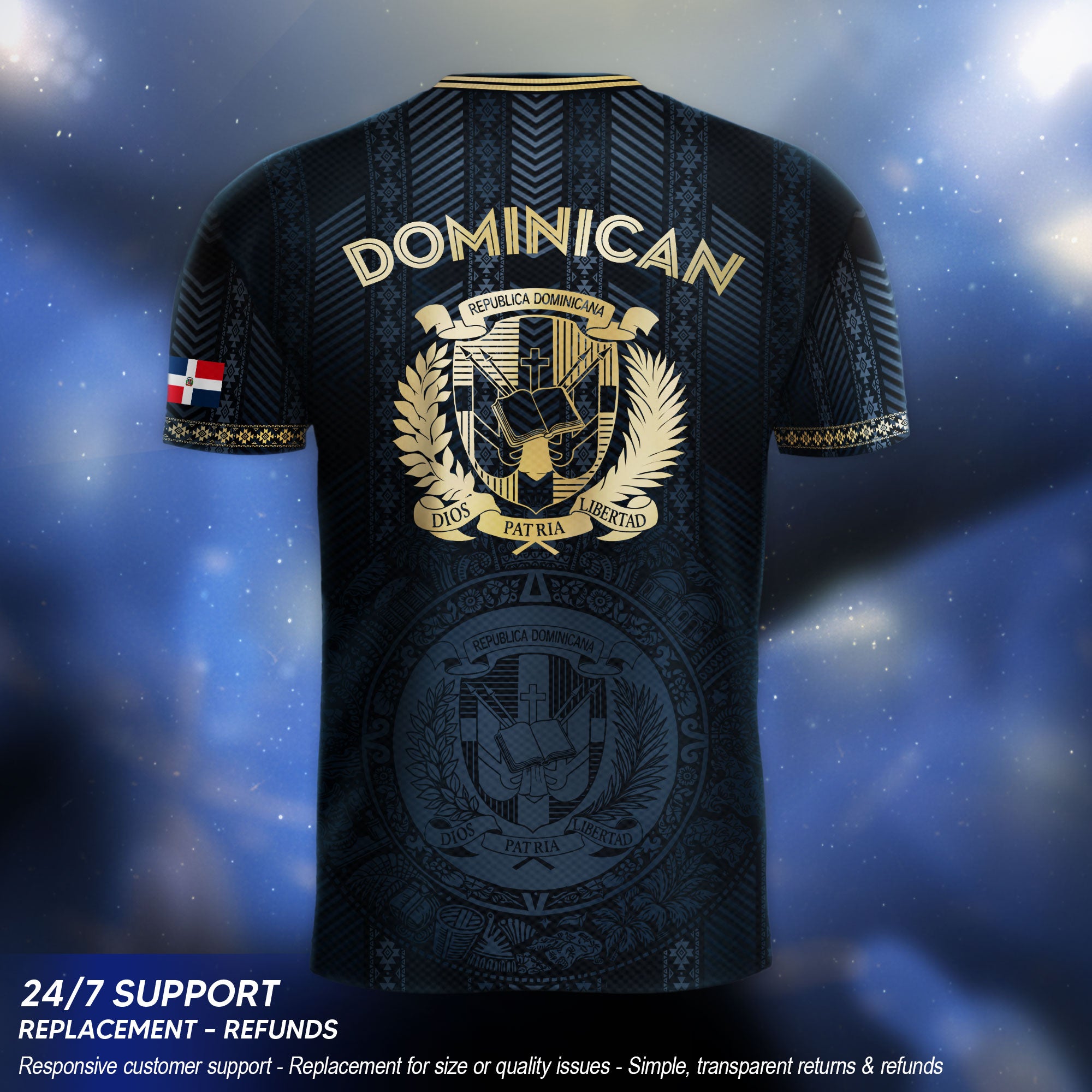 Dominican National Pride Soccer Jersey Navy Gold, Heritage Inspired Cultural Design