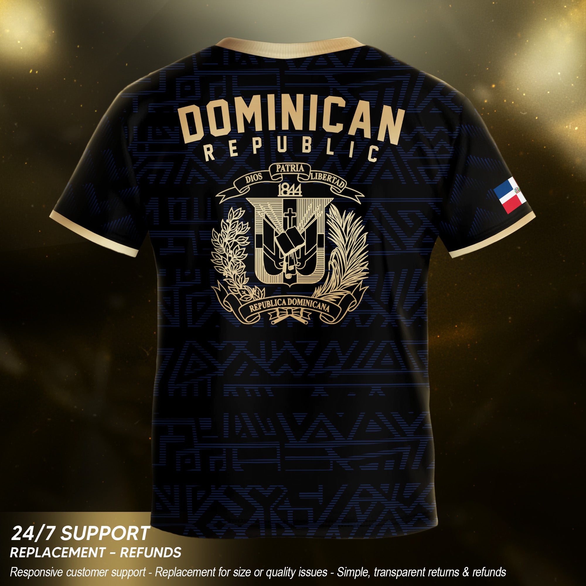 Dominican Republic Kids Youth Black Navy Gold Geometric National Soccer Jersey