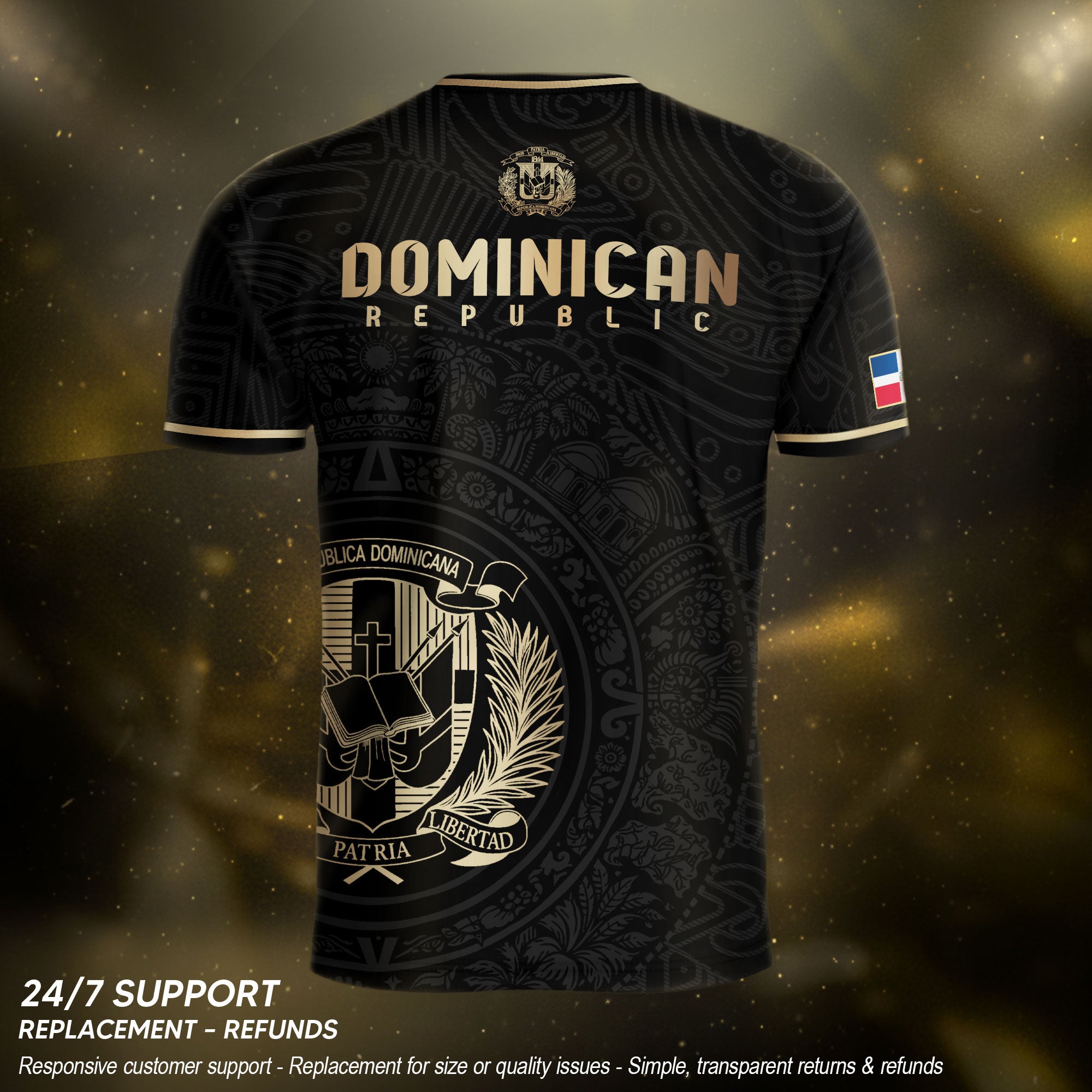 Dominican Republic Black Gold Flag Emblem Graphic National Heritage Soccer Jersey
