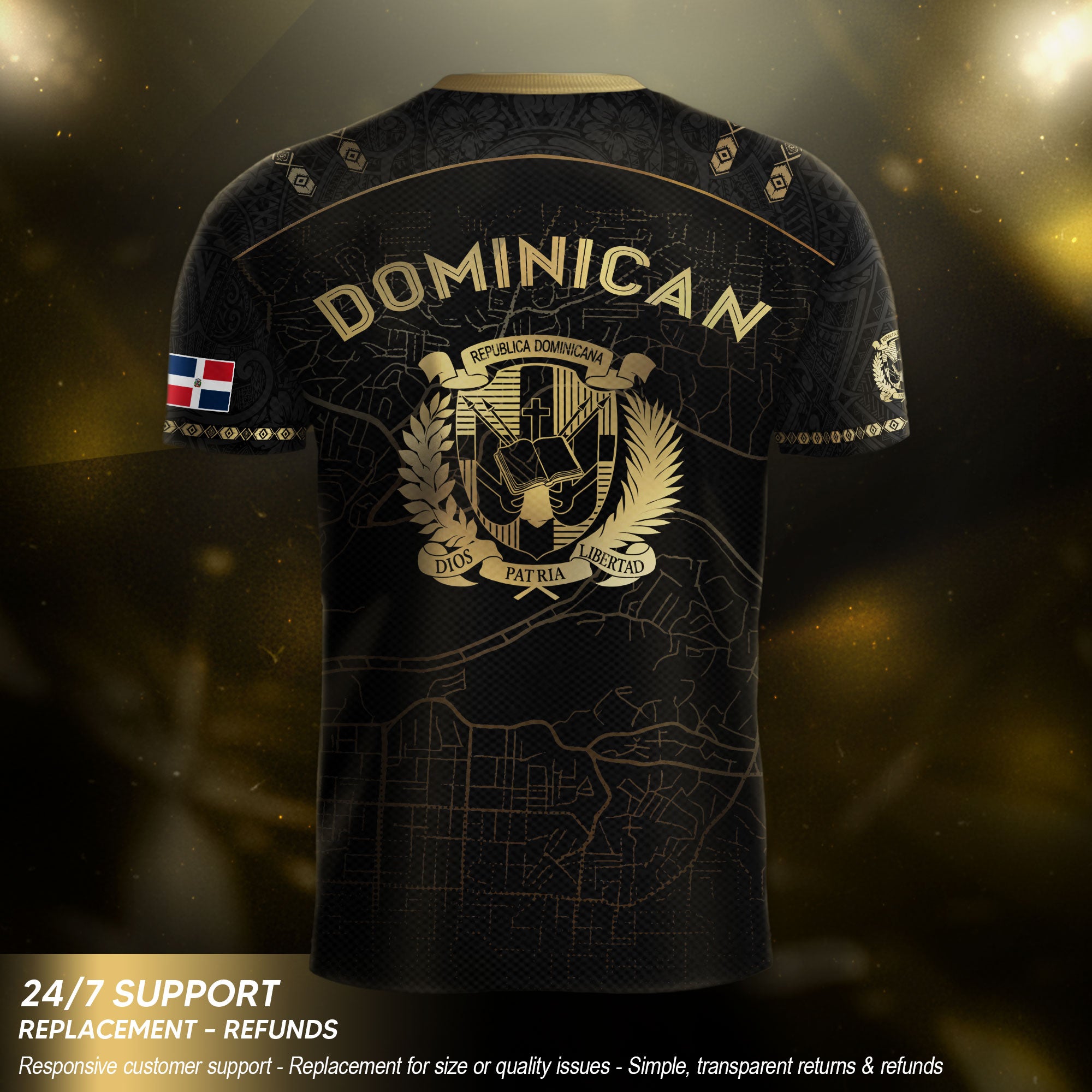 Dominican National Pride Soccer Jersey Black Gold, Heritage Inspired Apparel