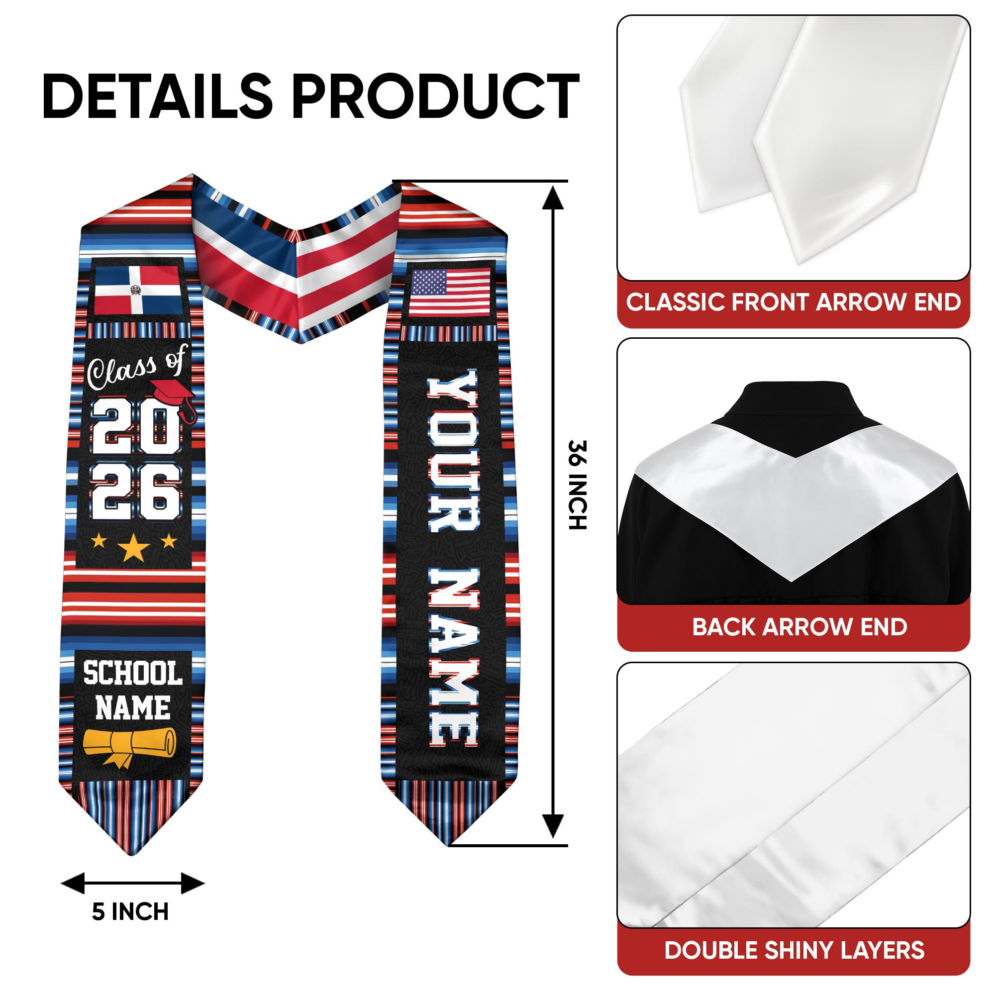 Custom Dominicans Graduation Stole Class of 2026 Dominican USA Flag Serape Stripe Sash