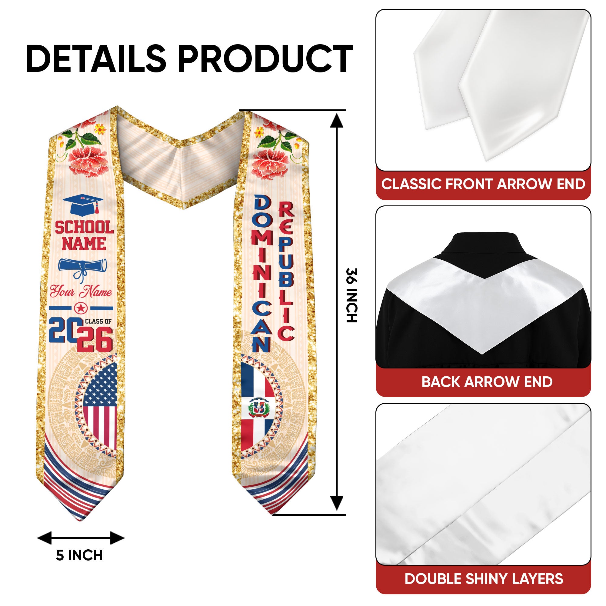 Dominican USA Flag Graduation Stole Class of 2026 Custom Dominicans Sash Floral Aztec