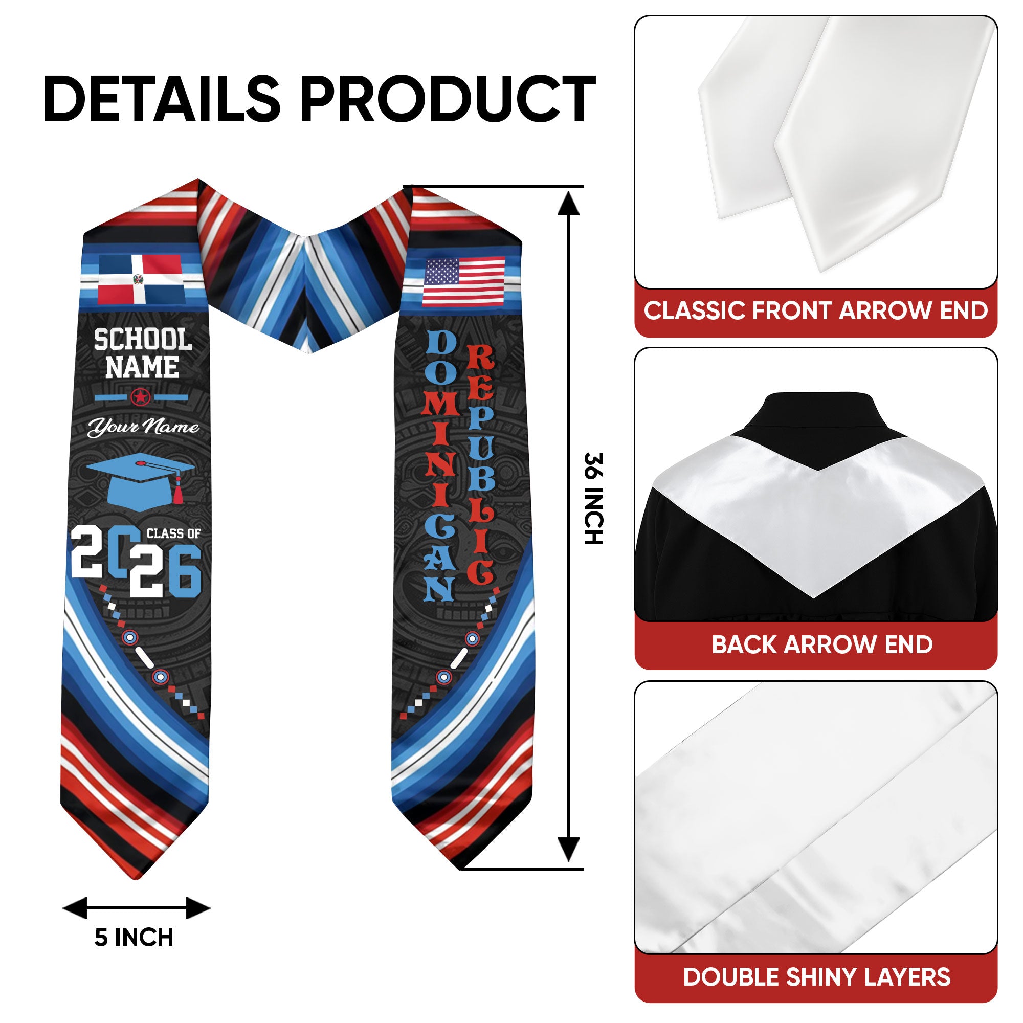 Class of 2026 Dominicans Graduation Stole Custom Dominican USA Flag Tribal Pattern