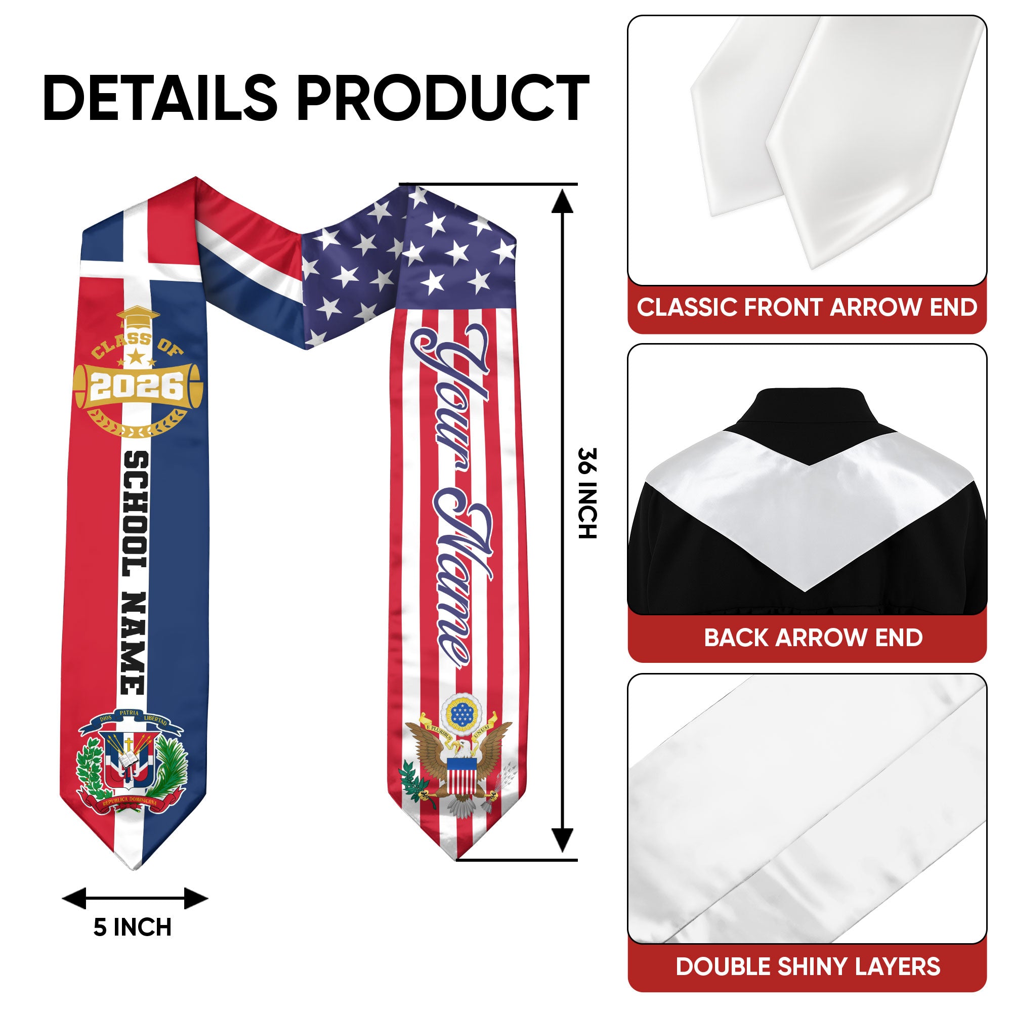 Dominican American Flag Graduation Stole Class of 2026 Custom Dominicans Eagle Seal