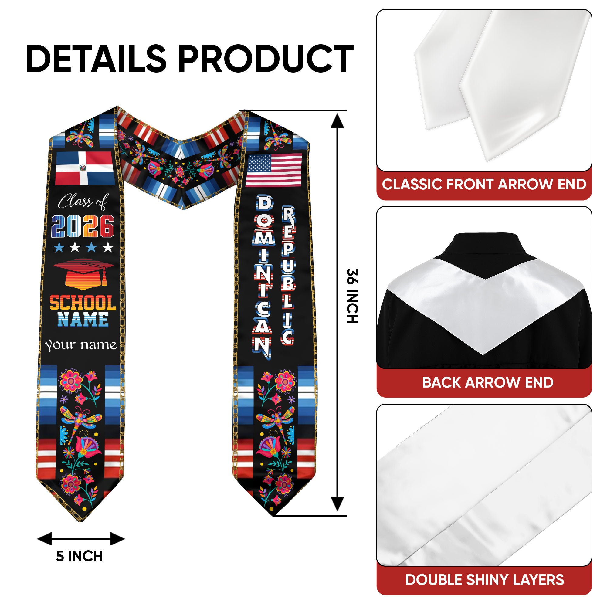 Personalized Dominicans Graduation Sash Class of 2026 Dominican USA Flag Butterfly Floral