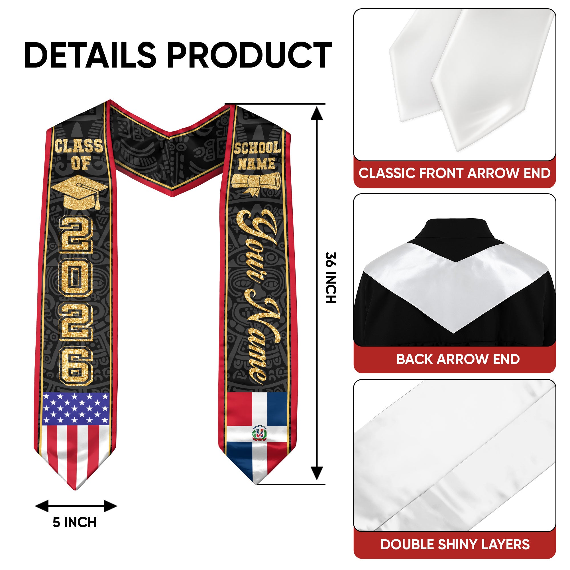 Dominican USA Flag Graduation Stole Class of 2026 Custom Dominicans Aztec Pattern