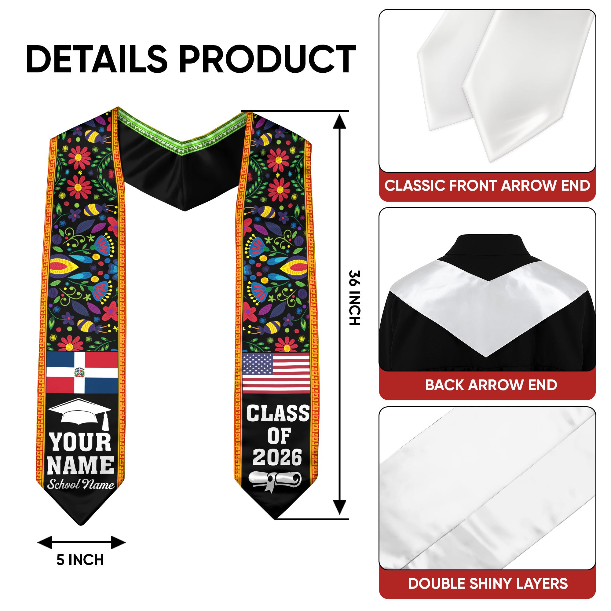 Custom Dominican Graduation Floral Stole Dominicana Grad Sash, Class of 2026 Graduate Senior Gift