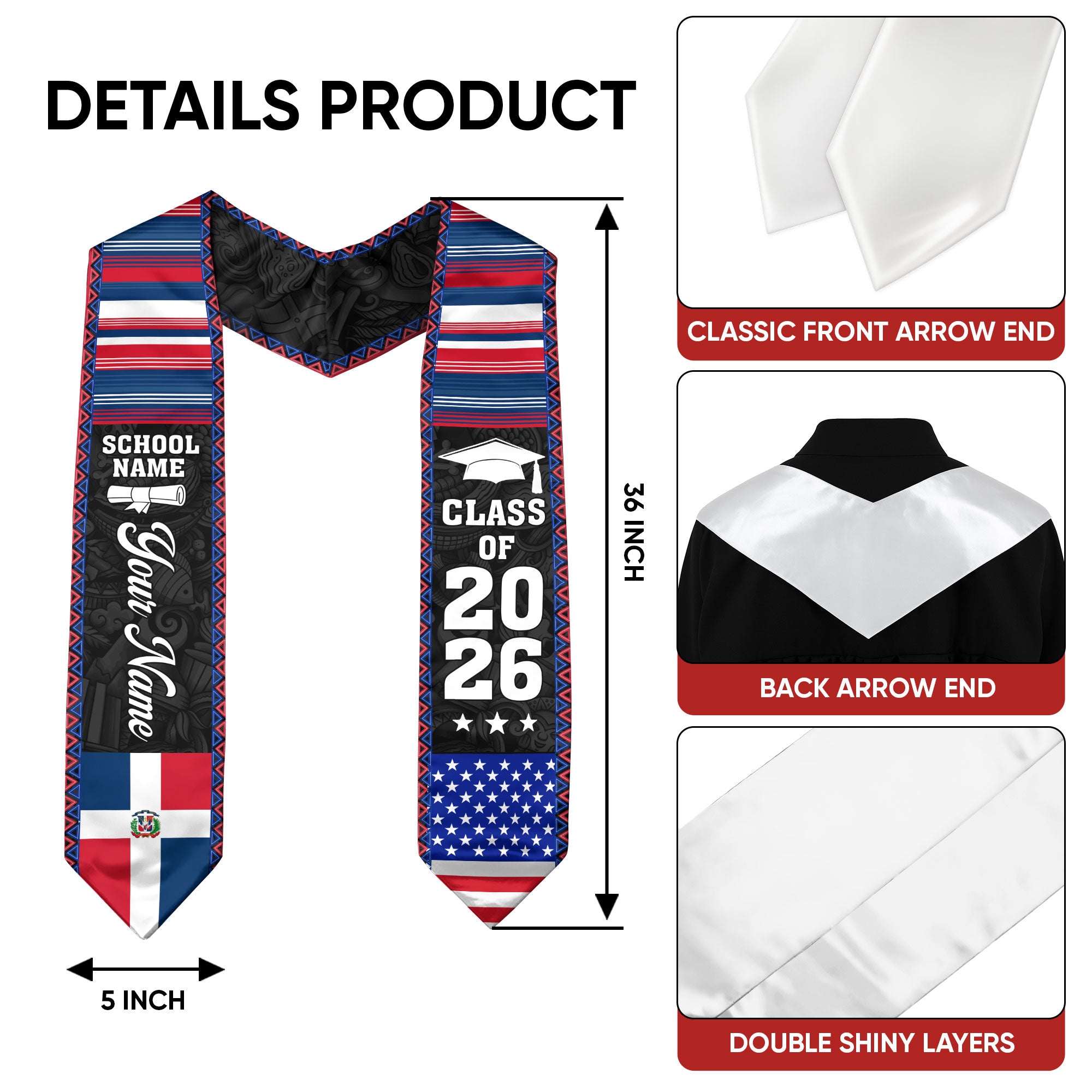 Custom Dominican Graduation Sash Dominicana Stole for Graduate, Class of 2026 Grad Celebration