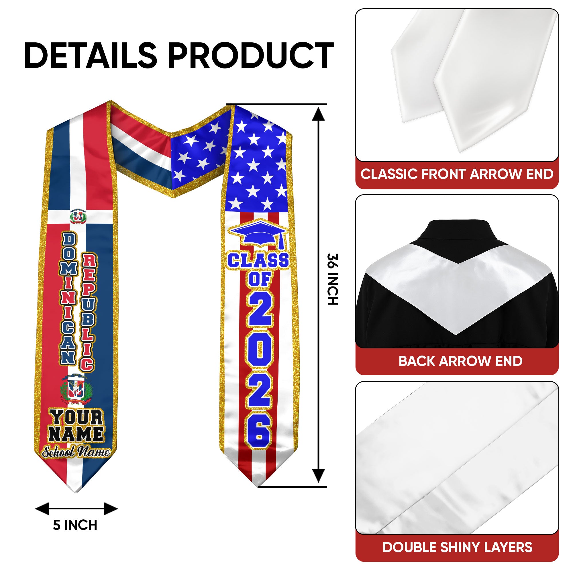 Personalized Dominican Graduation Stole Dominicana Sash for Grad, Class of 2026 Graduation