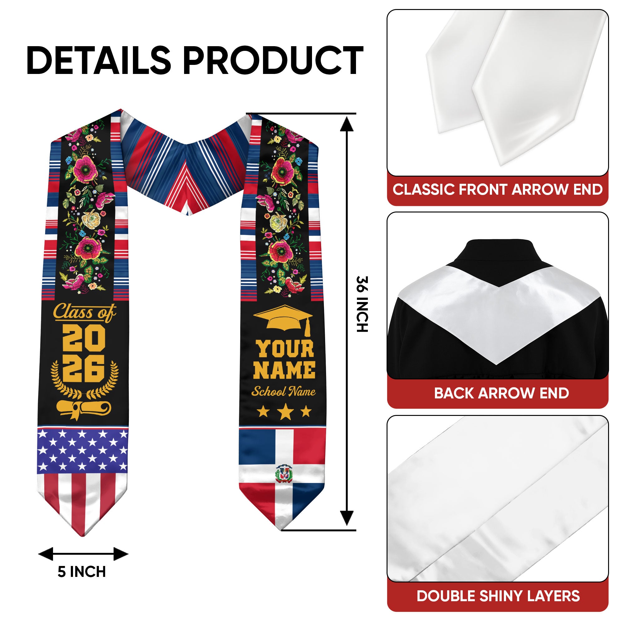 Dominicans Class of 2026 Graduation Stole Custom Dominican USA Flag Floral Embroidery