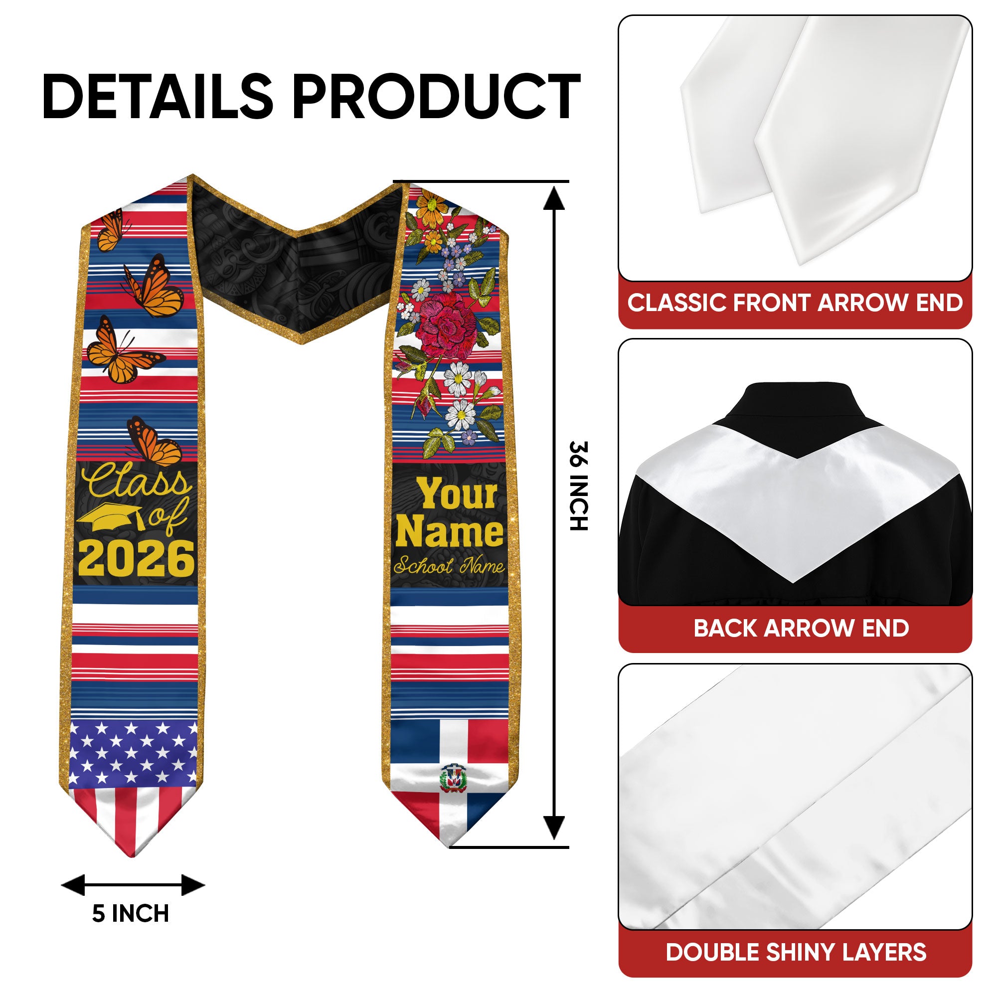 Dominicans Stole Class of 2026 Custom Graduation Sash Dominican USA Flag Butterfly